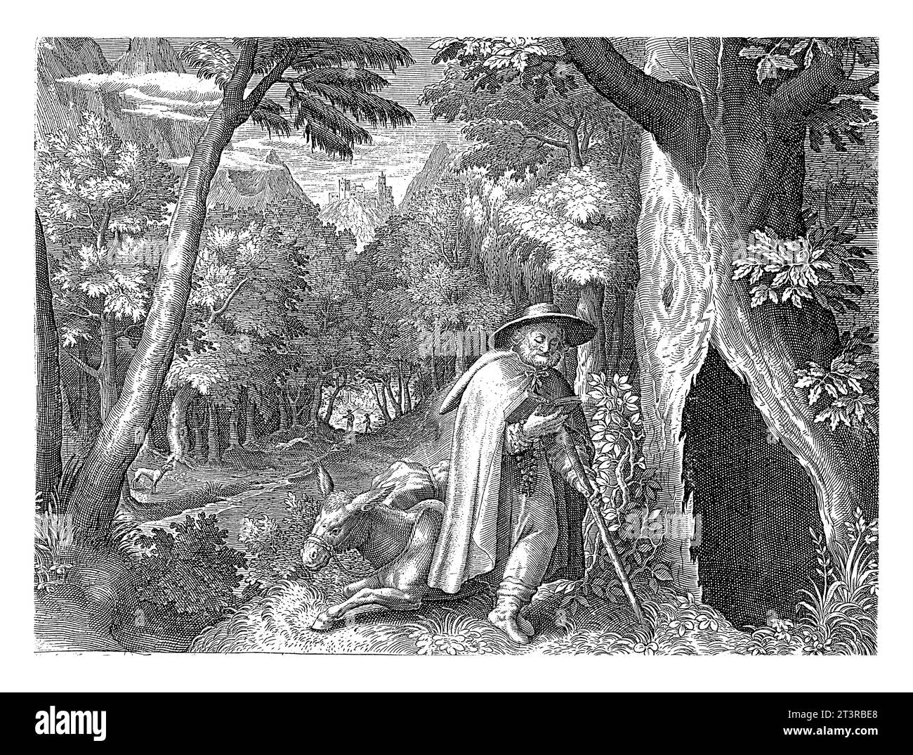 H. Geraldus van Mitternach als Einsiedler, Jan van Londerseel, nach Maerten de Vos, 1580–1625 Saint Geraldus van Mitternach, als Einsiedler, betend von A Stockfoto