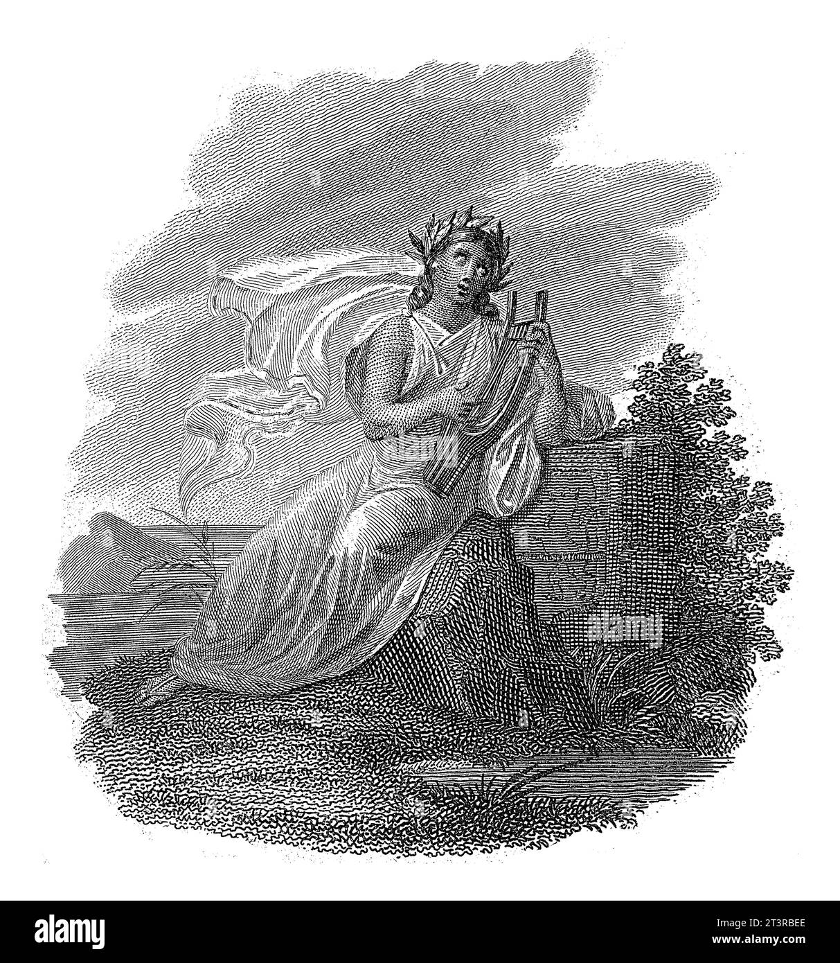Muse mit Leier, Arnold Jehotte, nach Deveria, 1822 Landschaft mit Muse in griechischem Gewand, mit Lorbeerkranz auf dem Kopf. Sie lehnt sich an eine Wand und spielt eine Stockfoto