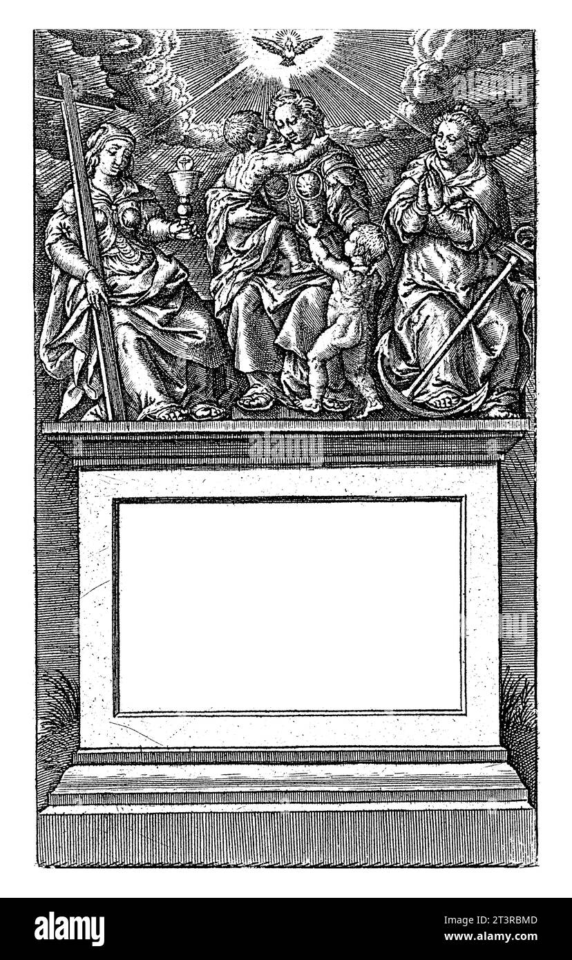Göttliche Tugenden, Hieronymus Wierix, 1563 - vor 1619 Sockel mit dem Titel in lateinischer Sprache. Oben stehen die drei göttlichen Tugenden: Glaube (mit Kreuz) Stockfoto