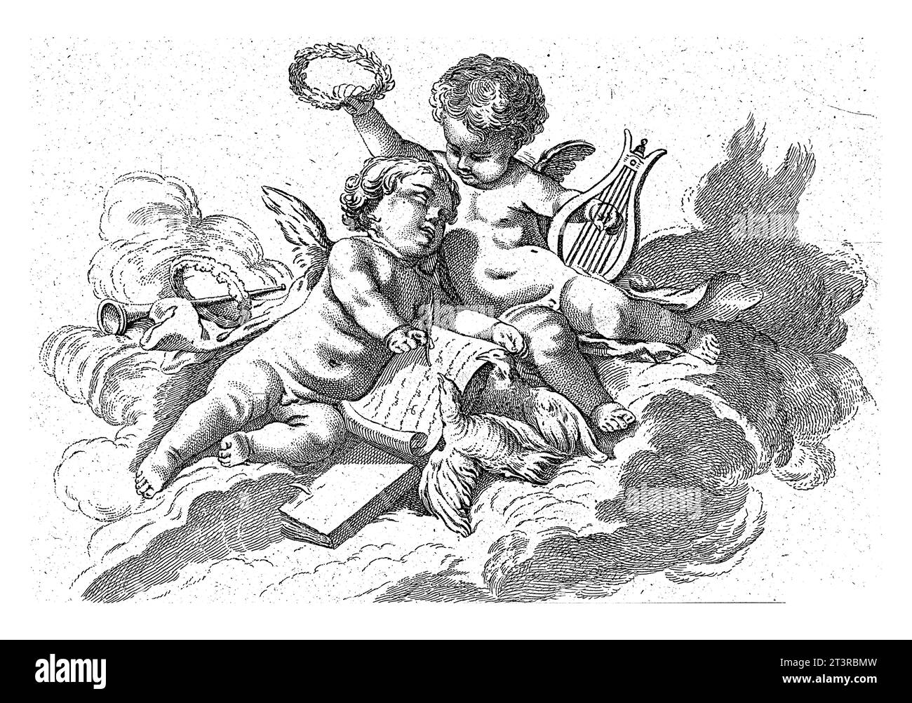 Lyrik Georg Leopold Hertel, nach Francois Boucher, 1750 - 1778 Allegorie der Lyrik. Ein Putto mit einer Leier Lorbeeren, ein Putto neben ihm, um ihn herum Stockfoto