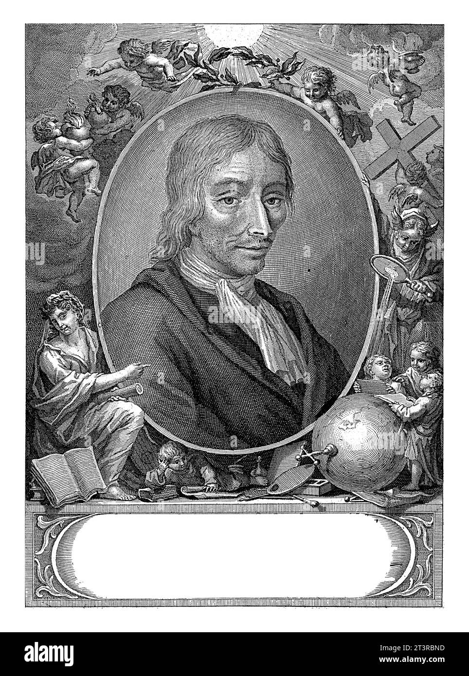 Porträt von Jan Luyken, Pieter Sluyter, nach A. Houbraken, 1712–1713 Porträt des Druckers, Malers und Dichters Jan Luyken. Über dem Oval mit t Stockfoto