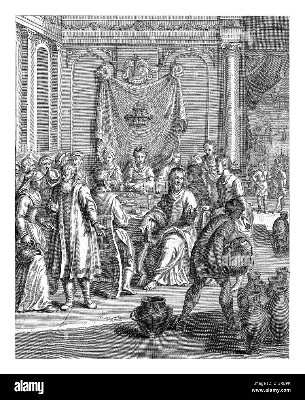 Hochzeit in Kana, Christiaan Hagen, 1670 - 1672 Christus, der während der Hochzeit in Kana an einem Tisch sitzt, gibt den Befehl, Gläser mit Wasser zu füllen, was h Stockfoto