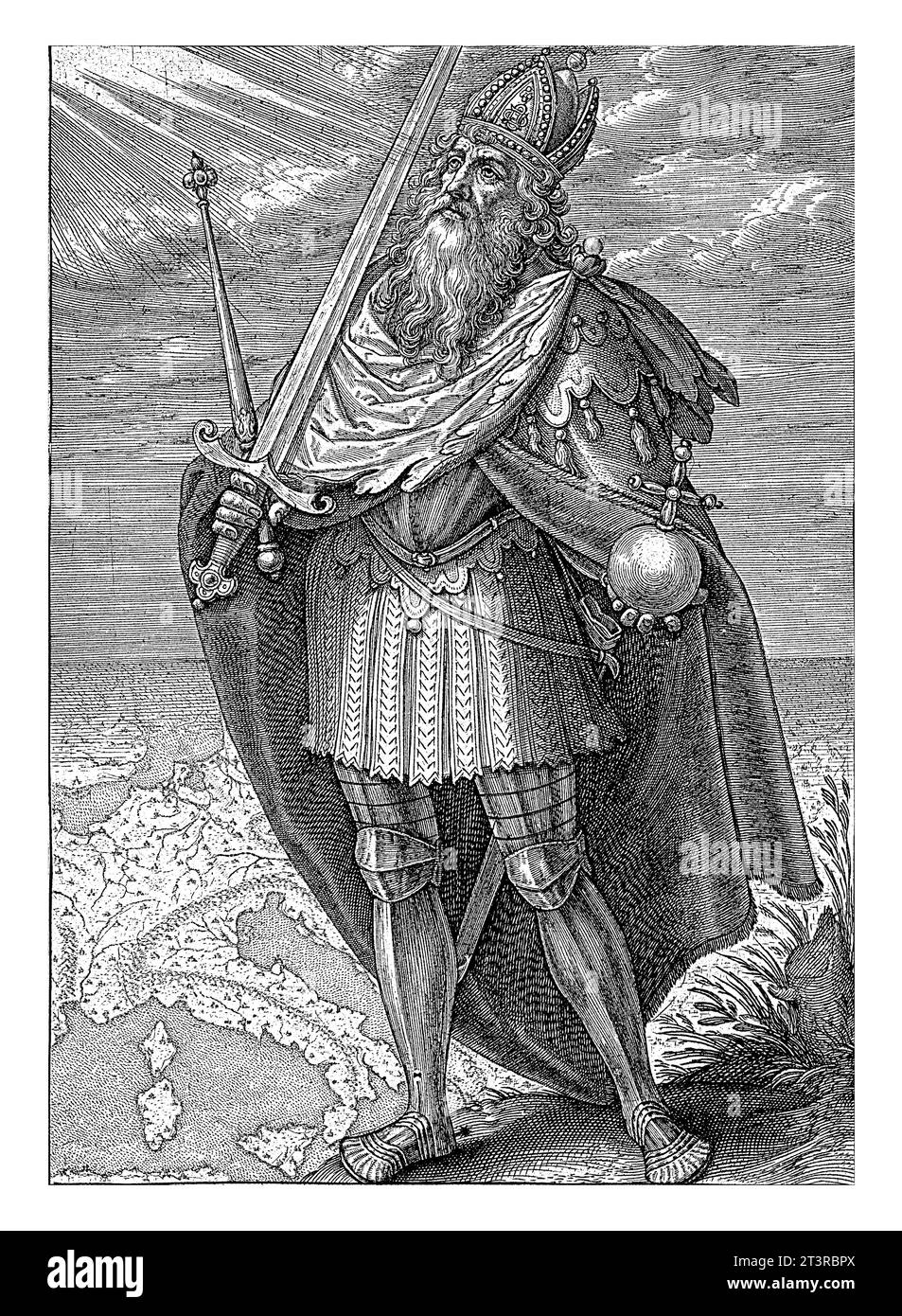Landschaft mit Karl dem Großen, Hieronymus Wierix, 1563 - vor 1619 Landschaft mit Kaiser Karl dem Großen in Rüstung. Er hält eine Kugel, ein Schwert und ein Kommando Stockfoto