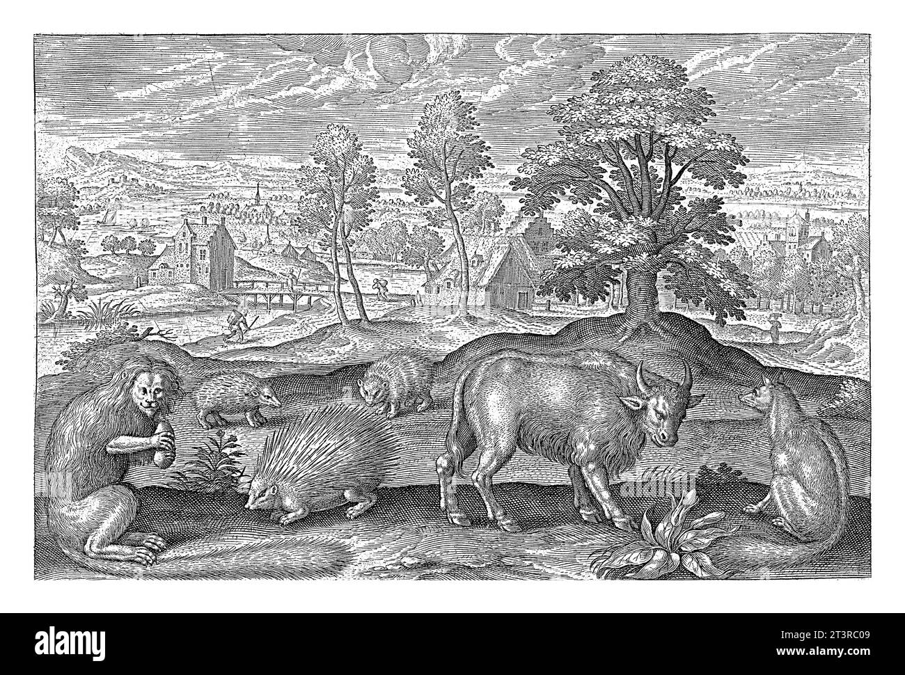 Verschiedene Tiere, Adriaen Collaert, 1595 - 1599 im Vordergrund ein Fuchs, ein Affe, ein Stachelschwein, zwei Igel und ein Bison. Im Hintergrund ein Landsc Stockfoto