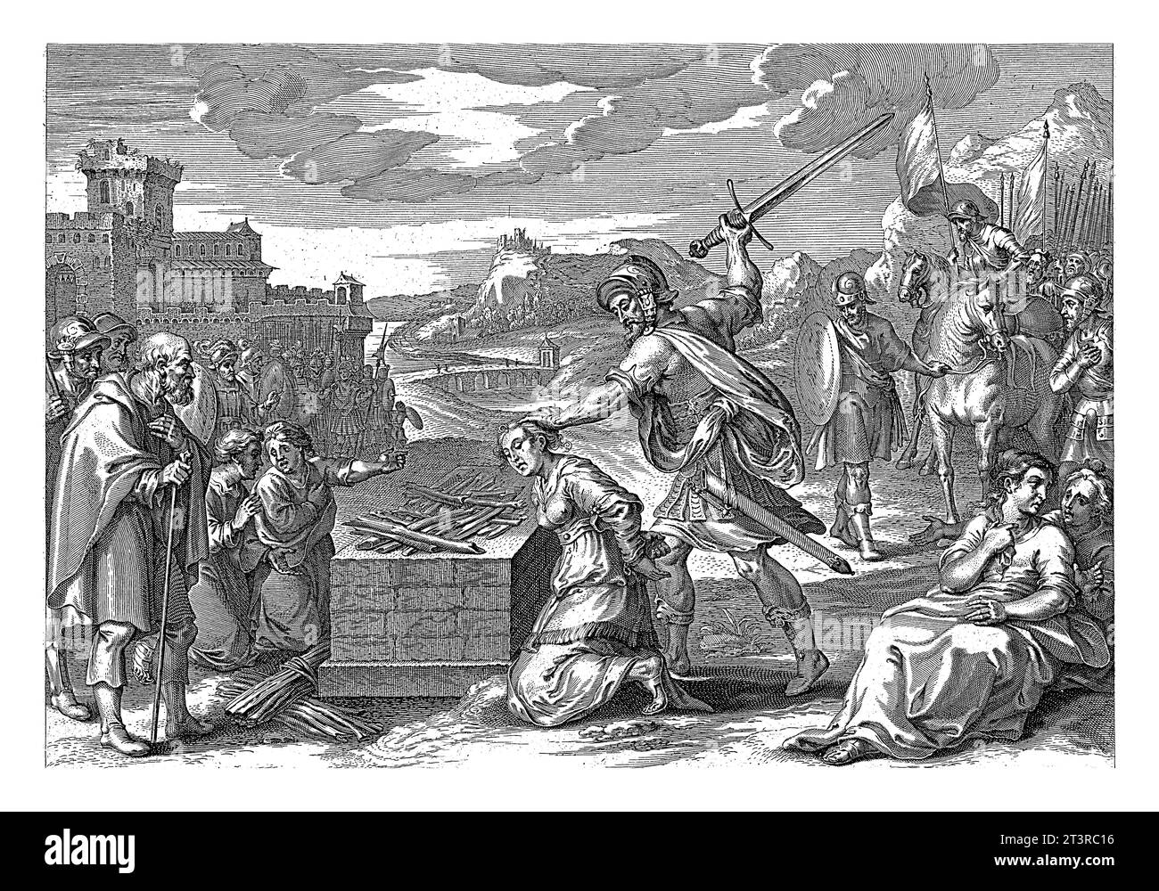 Jephthah opfert seine Tochter Nicolaes Ryckmans nach Pieter de Jode (I), 1643 unter dem wachsamen Auge einer Menschenmenge, Jephthah opfert h Stockfoto