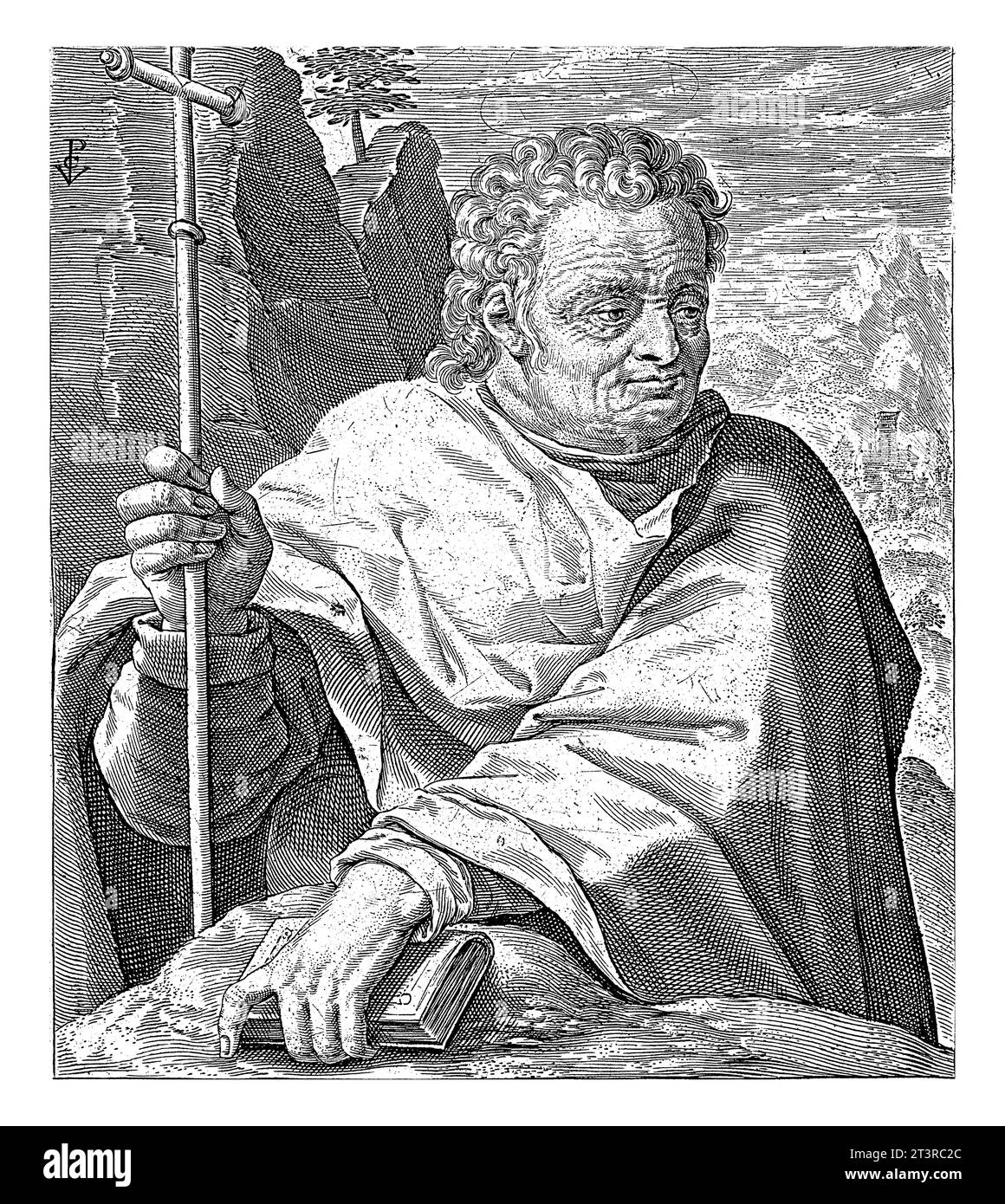 Apostel Philipp, Crispijn van de Passe (I), 1594 Büste des Apostels Philipp, ein Kreuzstab und ein Buch in seinen Händen. Am Rand eine Beschriftung in lateinischer Sprache. P Stockfoto