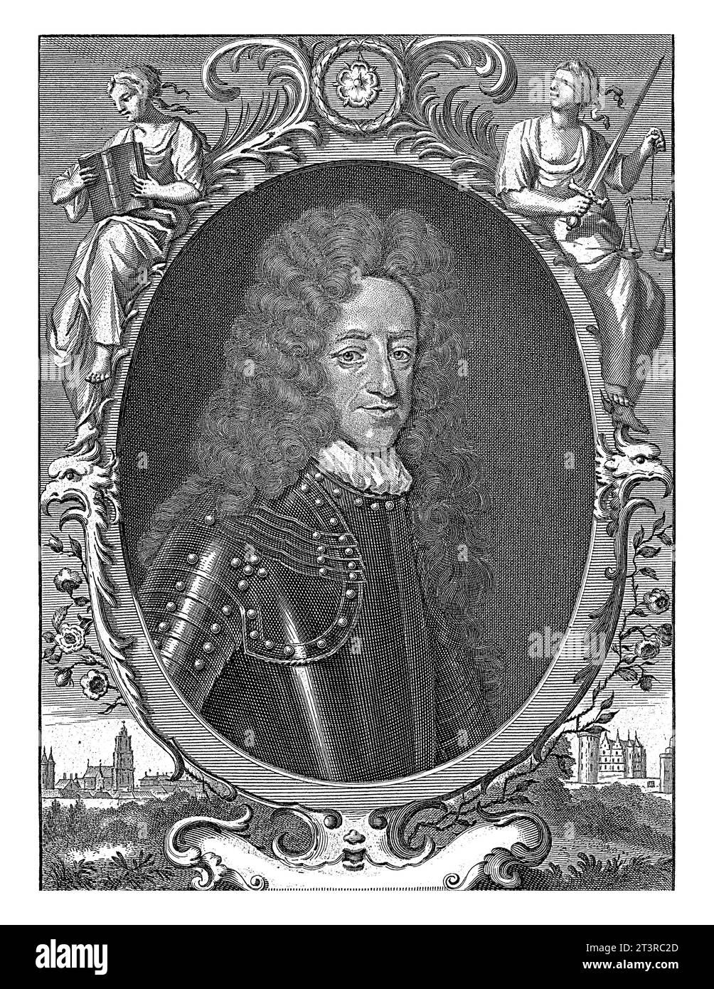 Porträt von Jan van Arnhem, Herr von Rosendael in Rüstung. Auf beiden Seiten des Portraits Jusitita und eine Frau, die ein Buch liest. Unter dem Porträt ein Motto Stockfoto