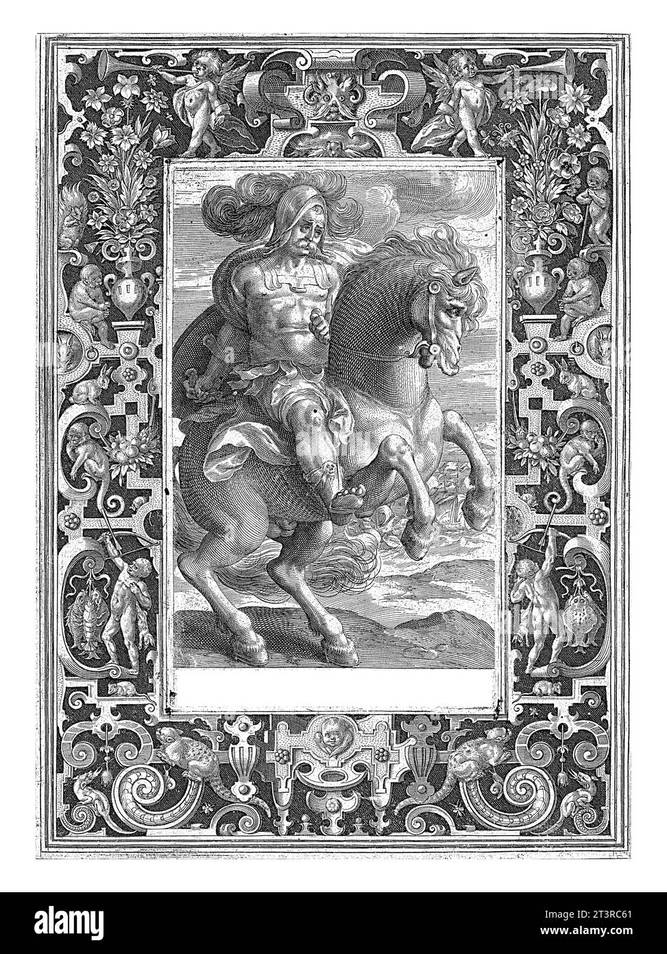 Julius Caesar zu Pferd im Rahmen mit Ornamenten, Nicolaes de Bruyn, 1581 - 1656 Hero der klassischen Antike Julius Caesar zu Pferd. Stockfoto