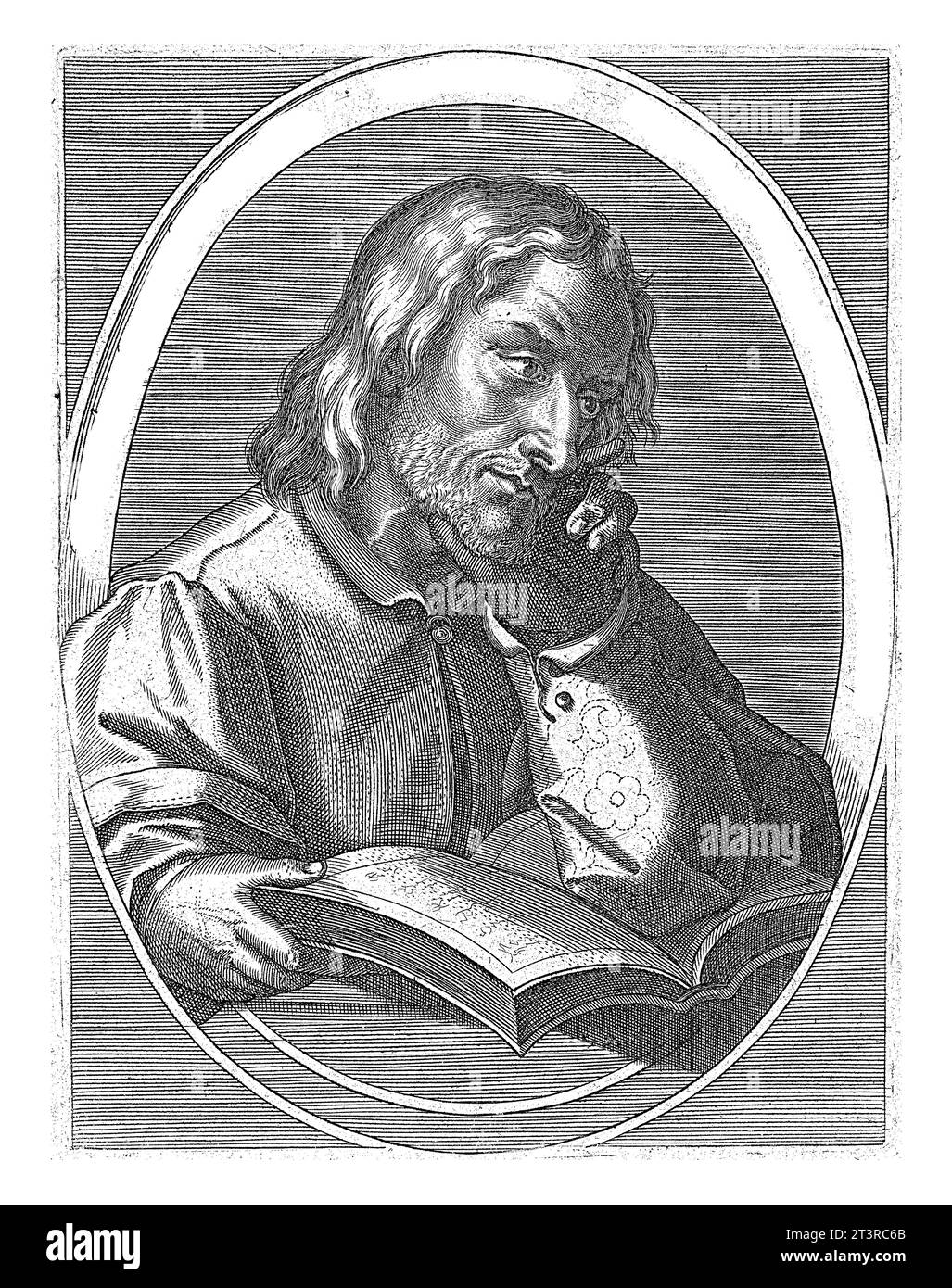 Athias, Cornelis Galle (I), nach Jan van der Straet, 1613 der Prophet Athias, der über ein Buch nachdenkt, in Oval mit lateinischer Inschrift. Stockfoto