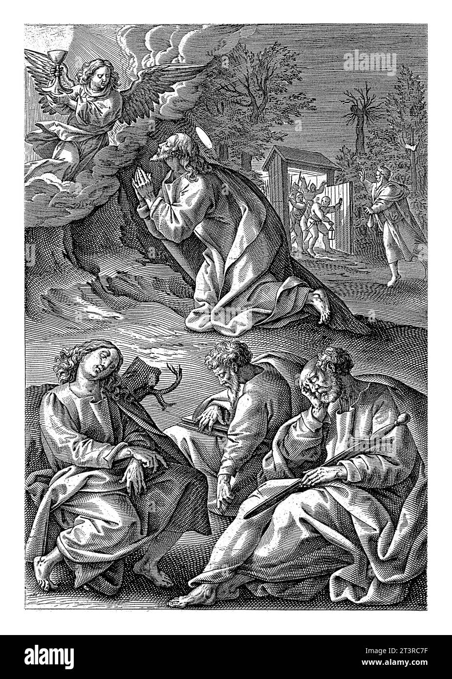 Christus im Garten Gethsemane, Antonie Wierix (II), nach Maerten de Vos, 1583–1587 Christus betet im Garten Gethsemane. Vom Himmel Appa Stockfoto