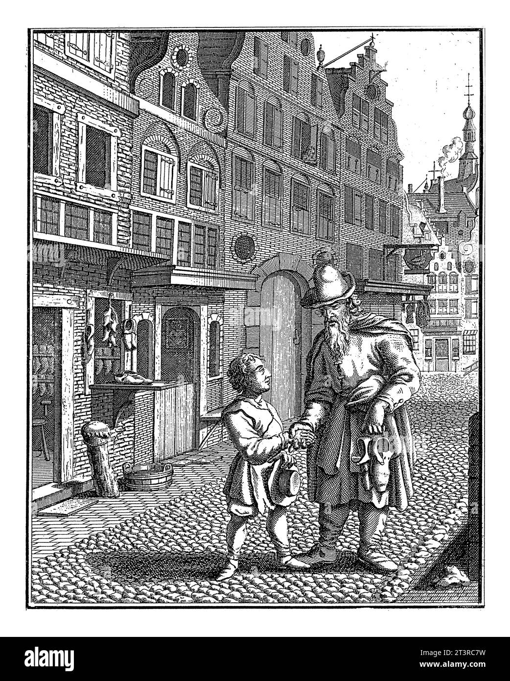 Jakob Bahme trifft auf einen Schuhmachermann, Joseph Mulder (möglicherweise), nachdem Jan Luyken, 1686, Jakob Bahme, Lehrling in einem Schuhmachergeschäft, ein Gespräch geführt hat Stockfoto