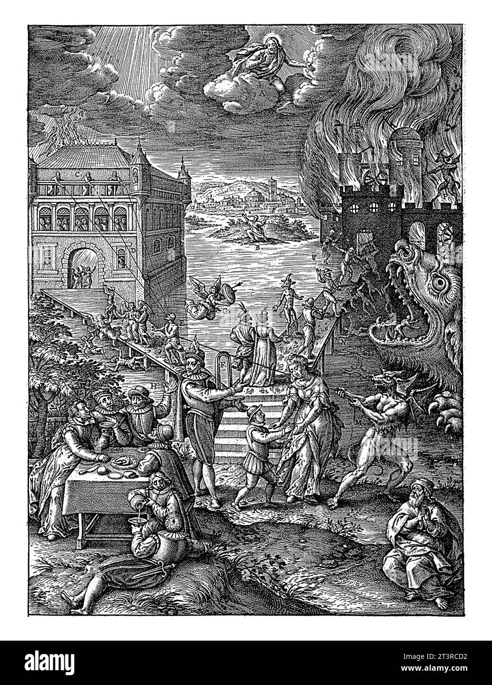 Wide and the Narrow Road, Hieronymus Wierix, 1563 - vor 1619 im Vordergrund eine Partygesellschaft an einem Tisch (links) und ein betender Mann (rechts). Stockfoto