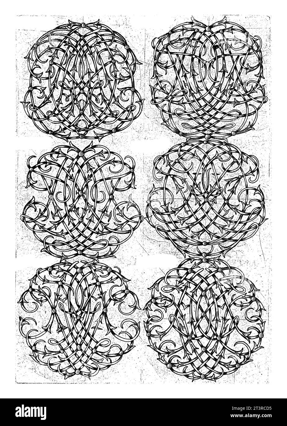 Sechs große Monogramme (ABCD-FGHI), Daniel de Lafeuille, ca. 1690 - ca. 1691 aus einer Serie von 29 teilweise nummerierten Blättern mit Zahlenmonogrammen. Stockfoto