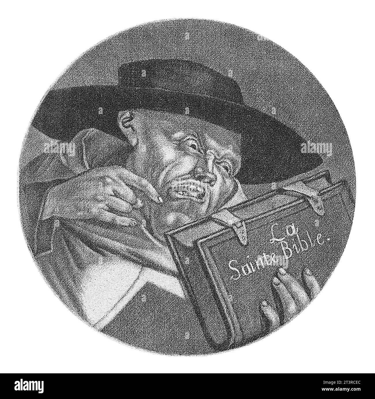 Kleriker mit Bibel, Jacob Gole, nach Cornelis DuSart, 1693–1700 der gottlose Kleriker. Ein Mönch ruft die Bibel an. Der Ausdruck ist Teil einer Reihe von c Stockfoto