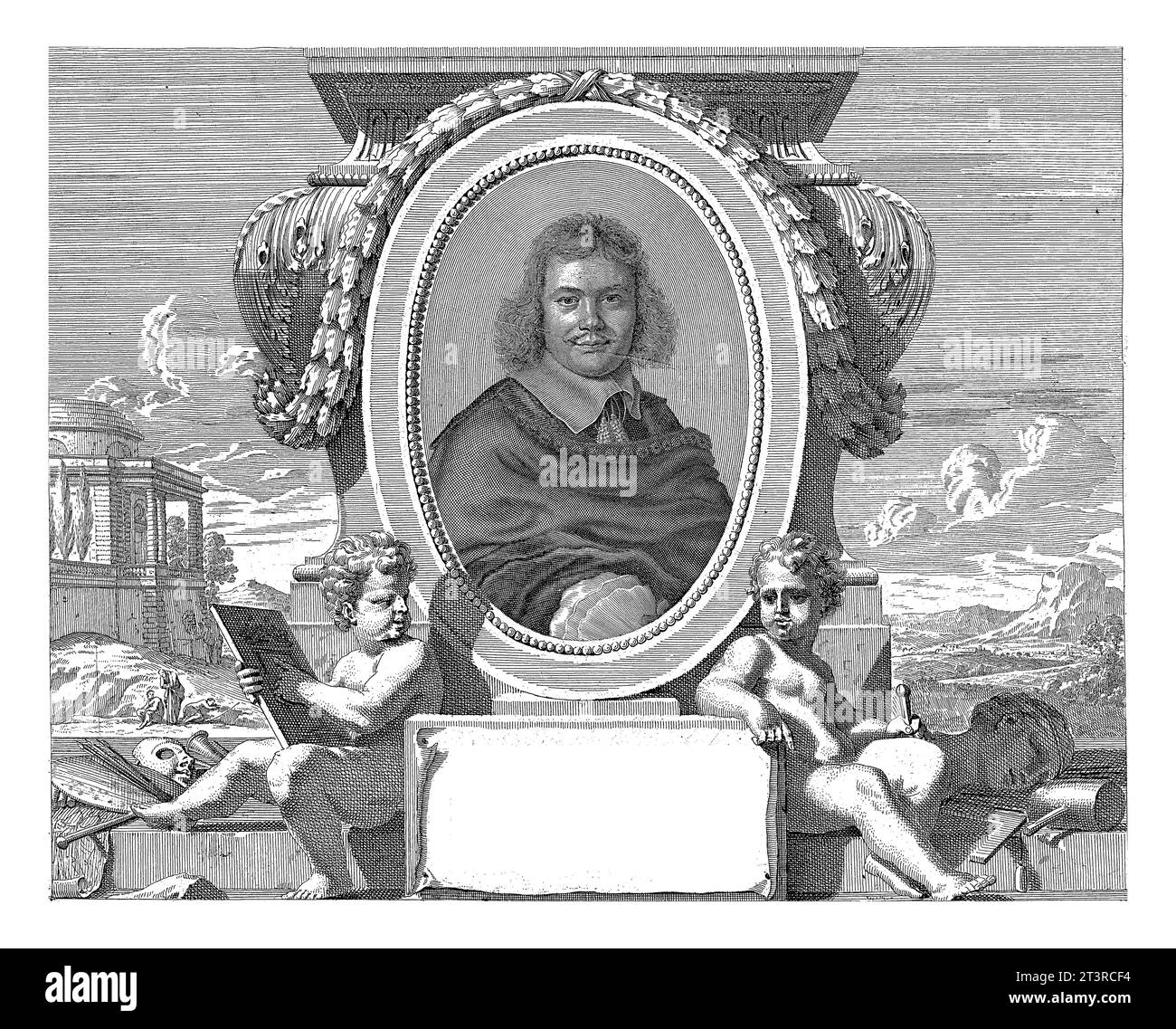 Porträt von Antoine Lepaultre, Robert Nanteuil, 1653 Porträt des Architekten Antoine Lepaultre in einem Oval auf einem Steinsockel. Am unteren Cartou Stockfoto