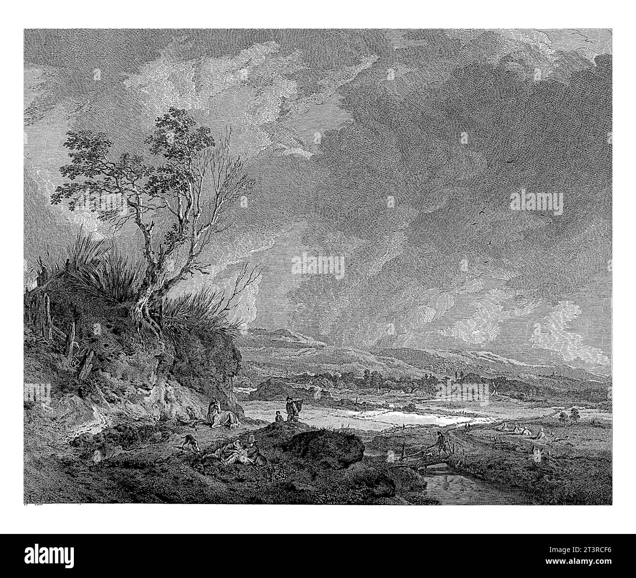 Dünenlandschaft mit Figuren entlang eines Weges und einem Liegepferd, Andrew Lawrence, nach Philips Wouwerman, 1741 Stockfoto