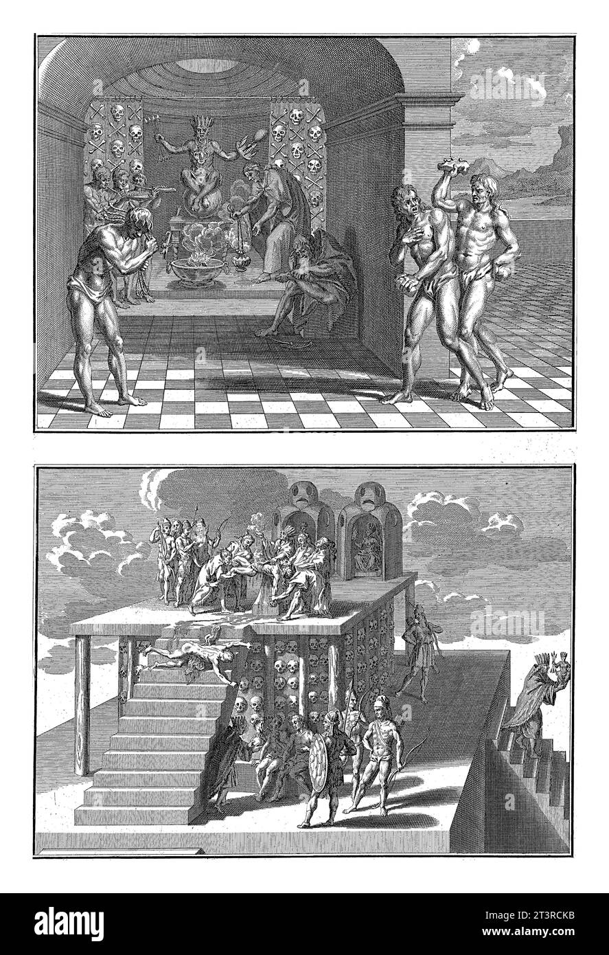 Buße und Opfer von Gefangenen für mexikanische Indianer, Bernard Picart (Werkstatt), nach Bernard Picart, 1721 Blatt mit zwei Darstellungen von Mexi Stockfoto