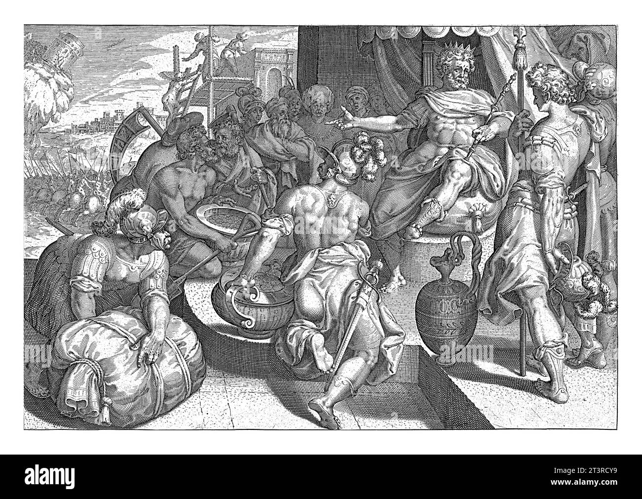 Der König als stärkster der Welt, Zacharias Dolendo, nach Karel van Mander, 1600–1652 bringen mehrere Personen ihre Schätze dem König, der sitzt Stockfoto