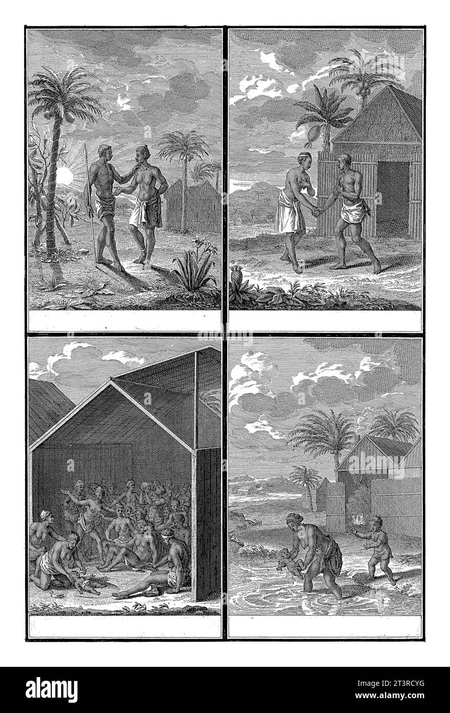 Rituale von Bewohnern von Guinea, Bernard Picart (Werkstatt), nach Bernard Picart, 1726 Magazin mit vier Darstellungen von Ritualen von Bewohnern Stockfoto