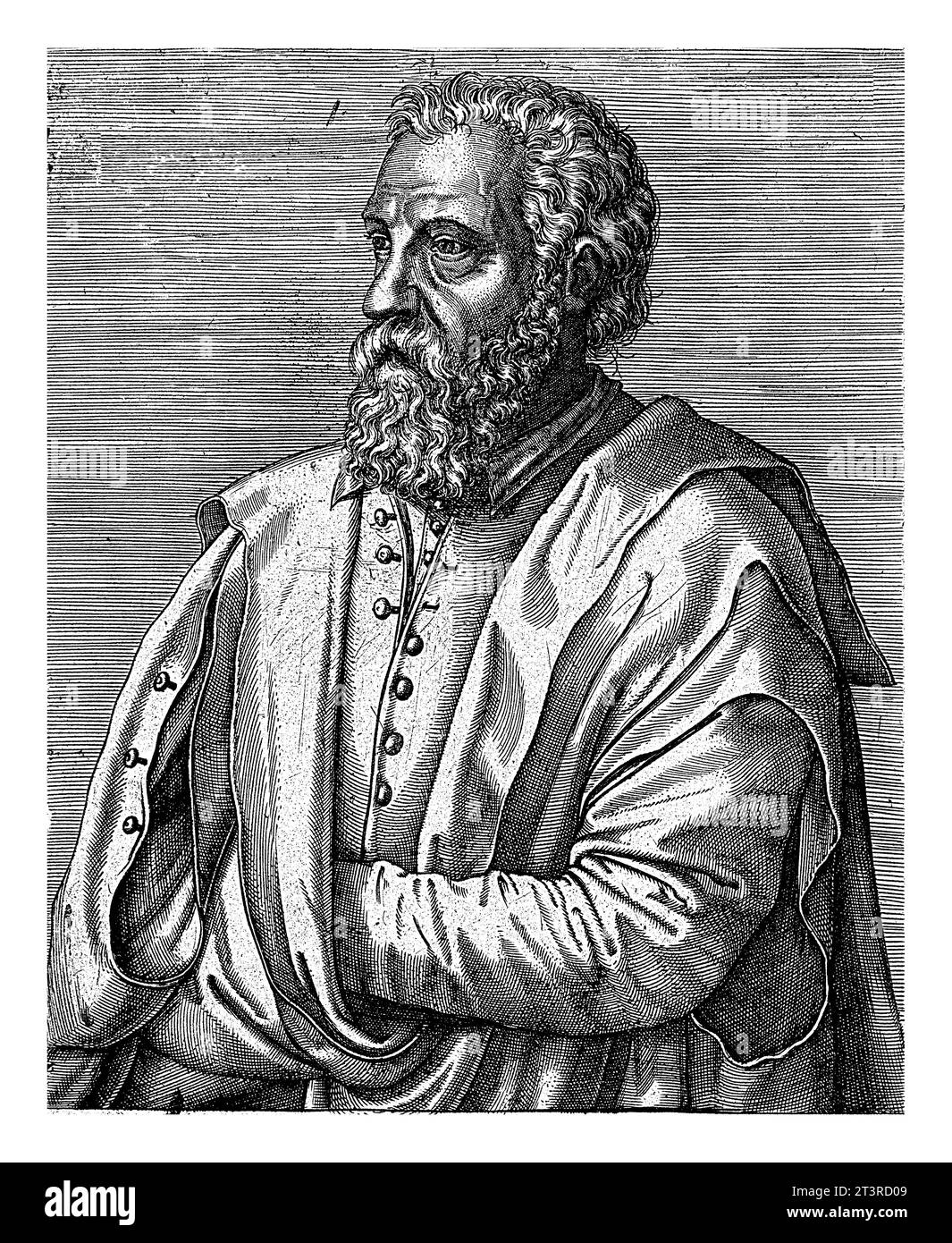 Porträt des Malers Lambert Lombard, Johannes Wierix, 1572 am Rand eine vierzeilige Beschriftung in lateinischen und griechischen Wörtern am Ende Stockfoto