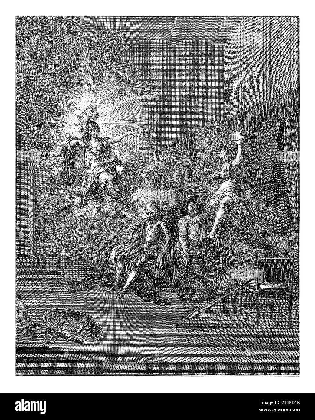 Weisheit jagt Folly, Jacob van der Schley, nach Charles-Antoine Coypel, 1742 Eine Personifikation der Weisheit jagt eine Personifikation der Folly, während Don Stockfoto