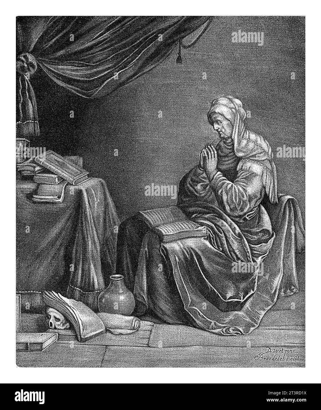 Betende Frau, Jan Broedelet, nach de Wet, 1670 - 1700 betet eine alte Frau mit einem Buch auf ihrem Schoß. Im Zimmer befinden sich mehrere Bücher und ein menschlicher Schädel Stockfoto