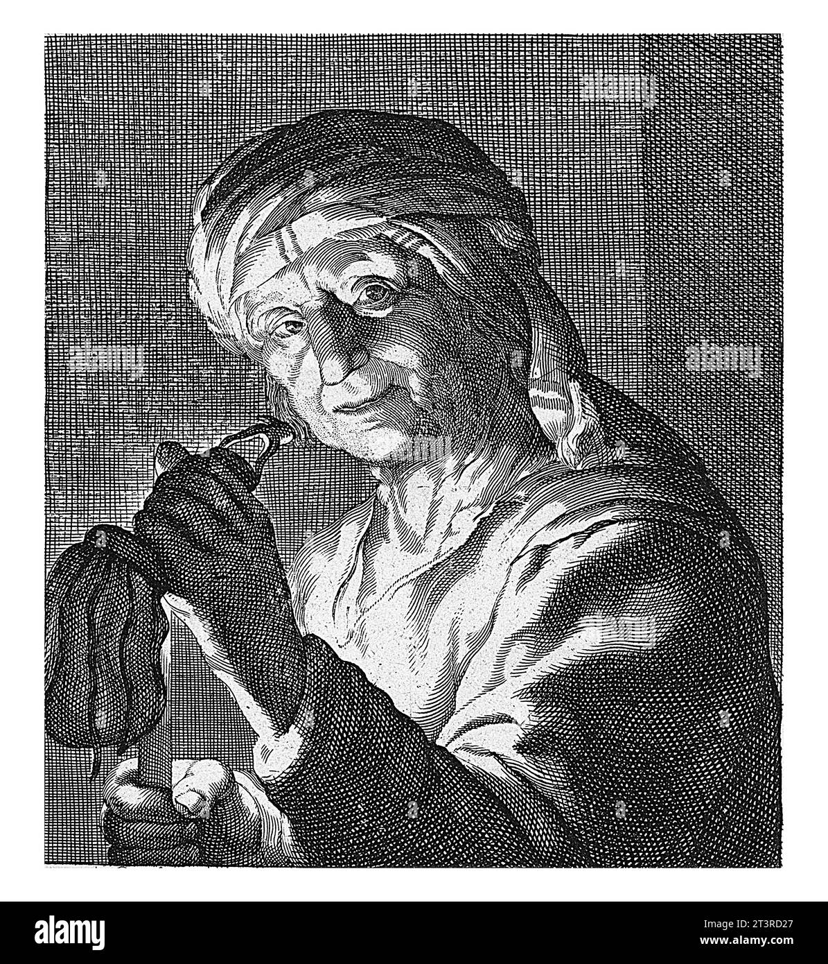 Frau mit leerem Geldbeutel, Cornelis Bloemaert (II), nach Gerard van Honthorst, 1625–1675, hält eine alte Frau eine leere Geldbörse im Lichte von Stockfoto