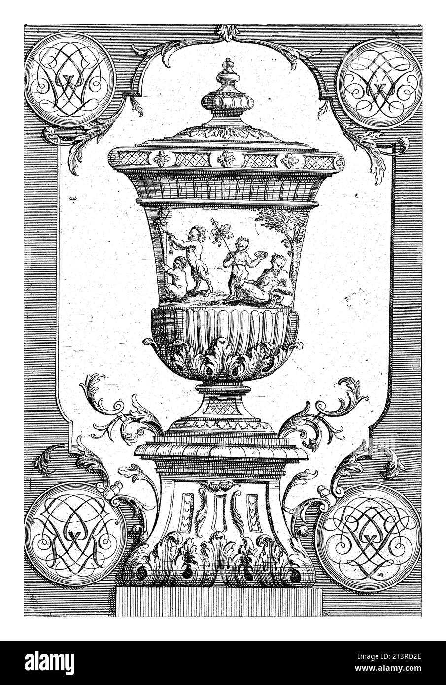 Platte mit Gartenvase mit Satyren und Monogrammen in den Ecken, Gerrit Visscher, nach Jean Bernard Honore Turreau, 1690 - 1710 Stockfoto