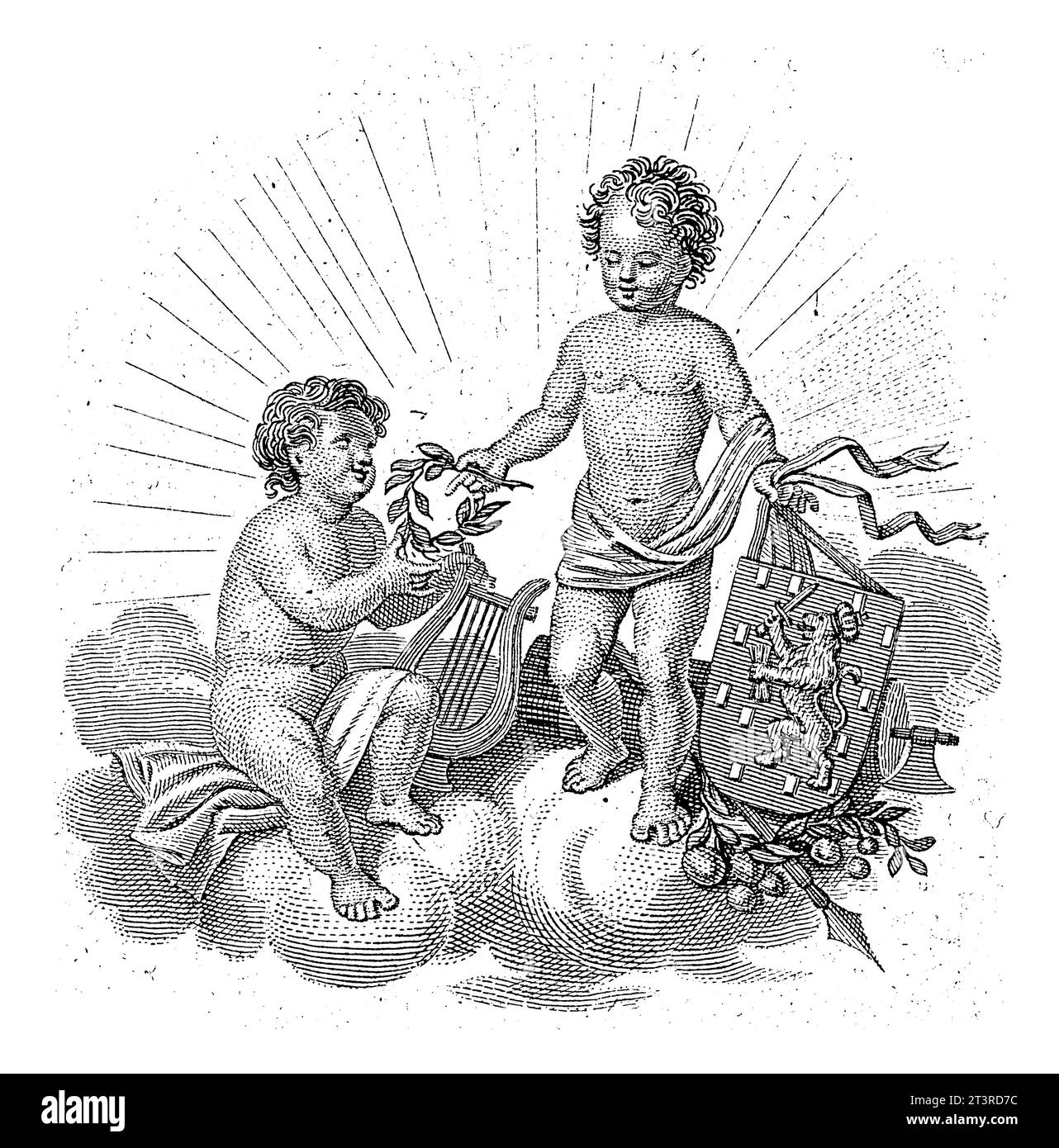 Zwei Kinder auf einer Wolkendecke, Philippus Velijn, 1797 - 1836 zwei Kinder auf einer Wolkendecke, eines mit einem Wappen, auf dem der niederländische Löwe und der OT Stockfoto