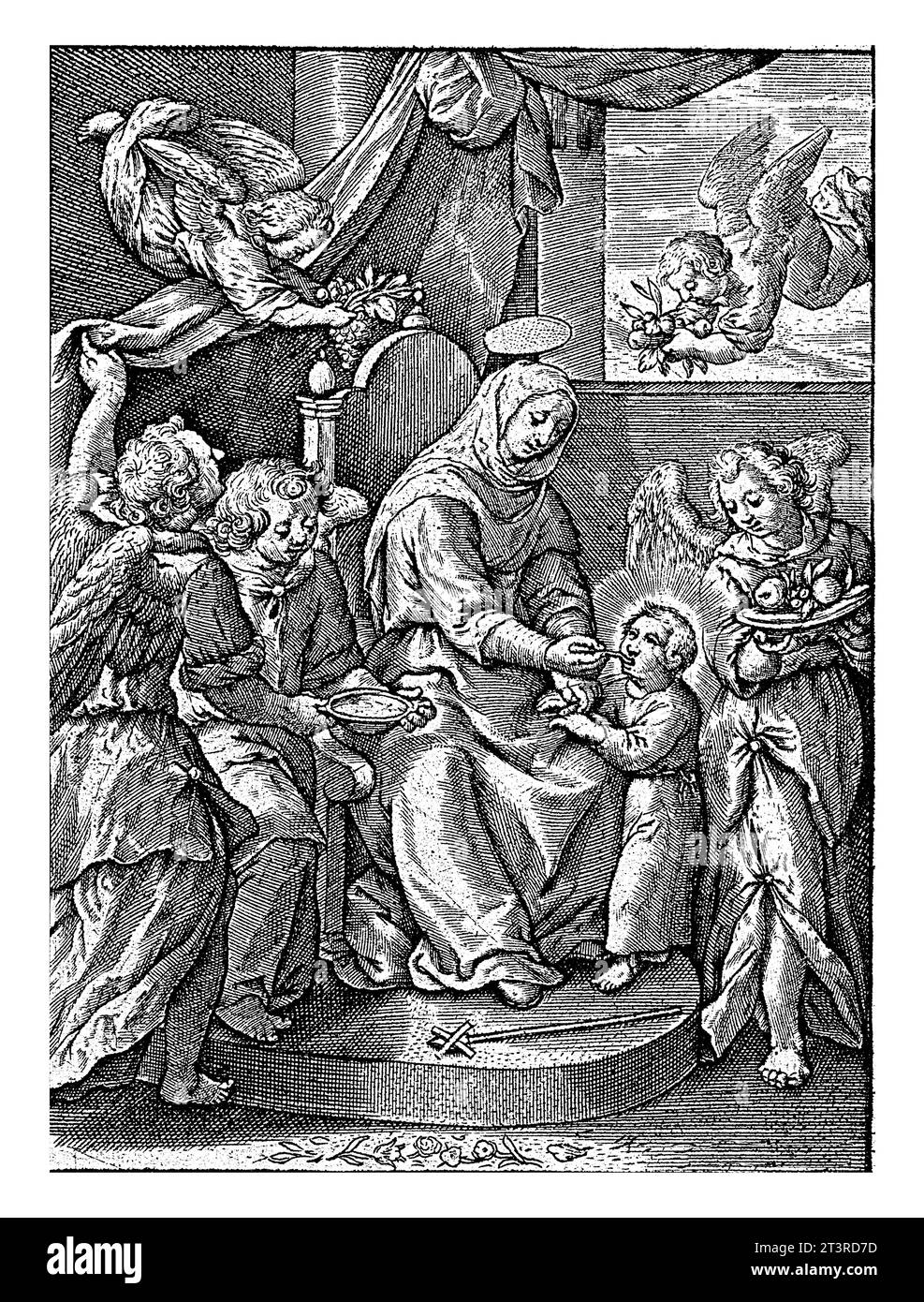 Maria füttert das Christuskind, Antonie Wierix (III) (zugeschrieben), nach Hieronymus Wierix, 1563 – vor 1619 Maria füttert das Christuskind standin Stockfoto