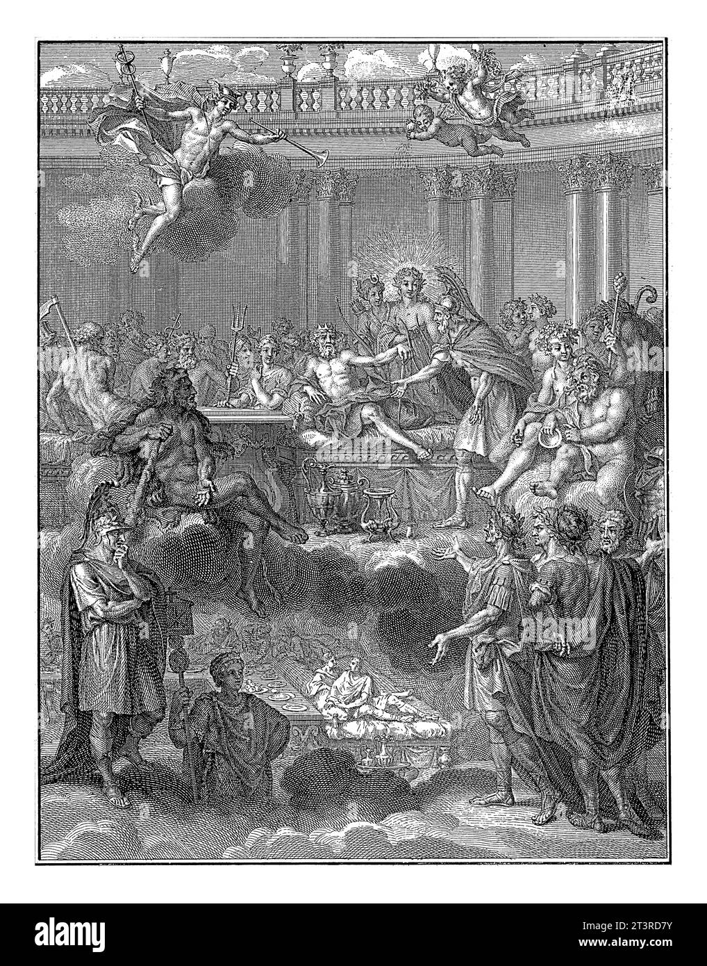 Fest des Romulus, Bernard Picart, 1727 Ein fest findet im Himmel statt, das Romulus zu Ehren der Götter organisiert hat. Stockfoto
