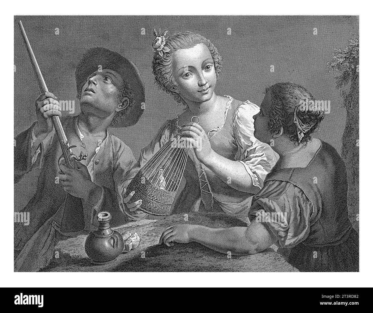 Ein Junge mit einem Gewehr und zwei Mädchen mit einem Vogel, Nicolo Cavalli, nach Antonio Marinetti, 1740–1822, links ein Junge, der ein Gewehr abfeuert. In der Mitte ein g Stockfoto