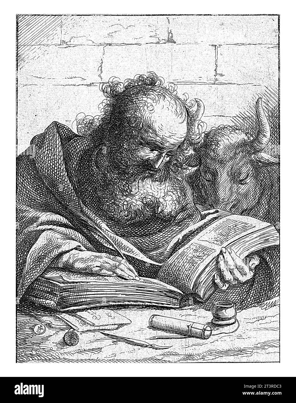 Der Evangelist Lucas, Laurent de La Hire (zugeschrieben), nach Jan Lievens, 1625–1674 der Evangelist Lukas mit seinem Attribut der Ochse Stockfoto