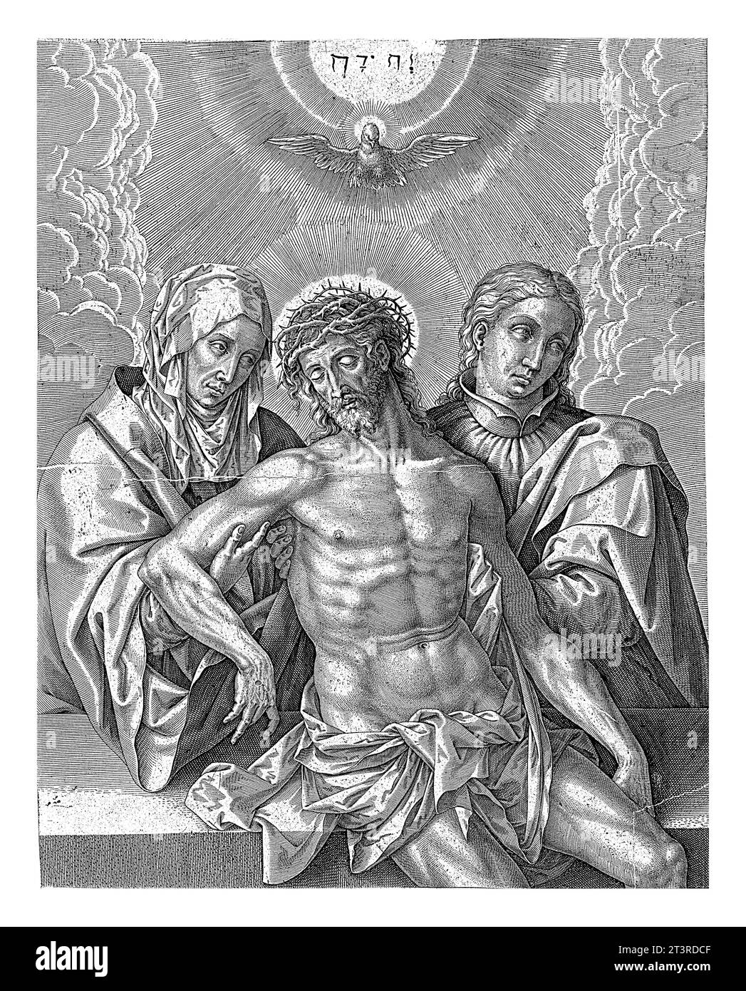 Maria und Johannes trauern um den toten Christus, Antonie Wierix (II), 1565 – vor 1604 wird der Leichnam des toten Christus von Maria und Johannes gestützt. Sie weinen Stockfoto