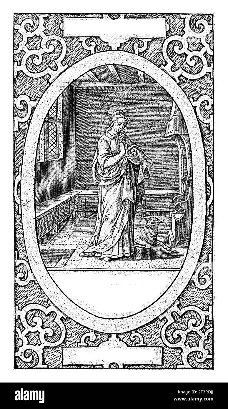 Saint Agnes (Verecunda), Hieronymus Wierix, 1563 - vor 1619 betet der Heilige Agnes in einer Kapelle. Zu ihren Füßen liegt ein Lamm. Stockfoto