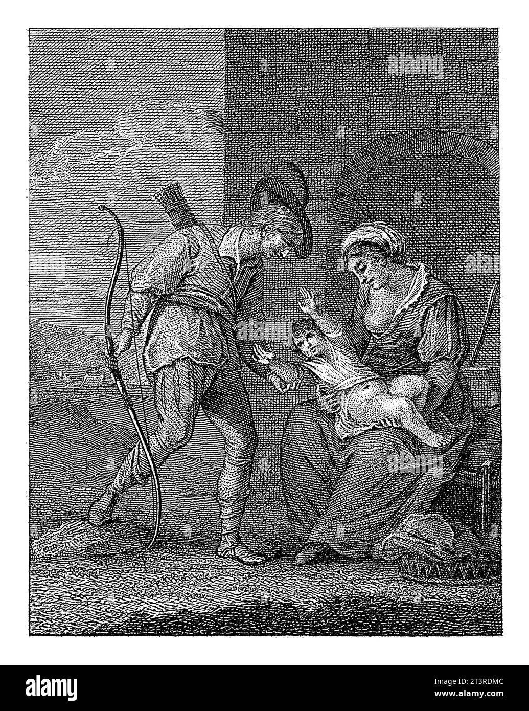 Mann mit Bogen und Pfeil in der Nähe einer Frau mit Kind, Philippus Velijn, 1823 Ein Mann mit Bogen in der Hand und einem Köcher aus Pfeilen auf dem Rücken grüßt einen Sitz Stockfoto