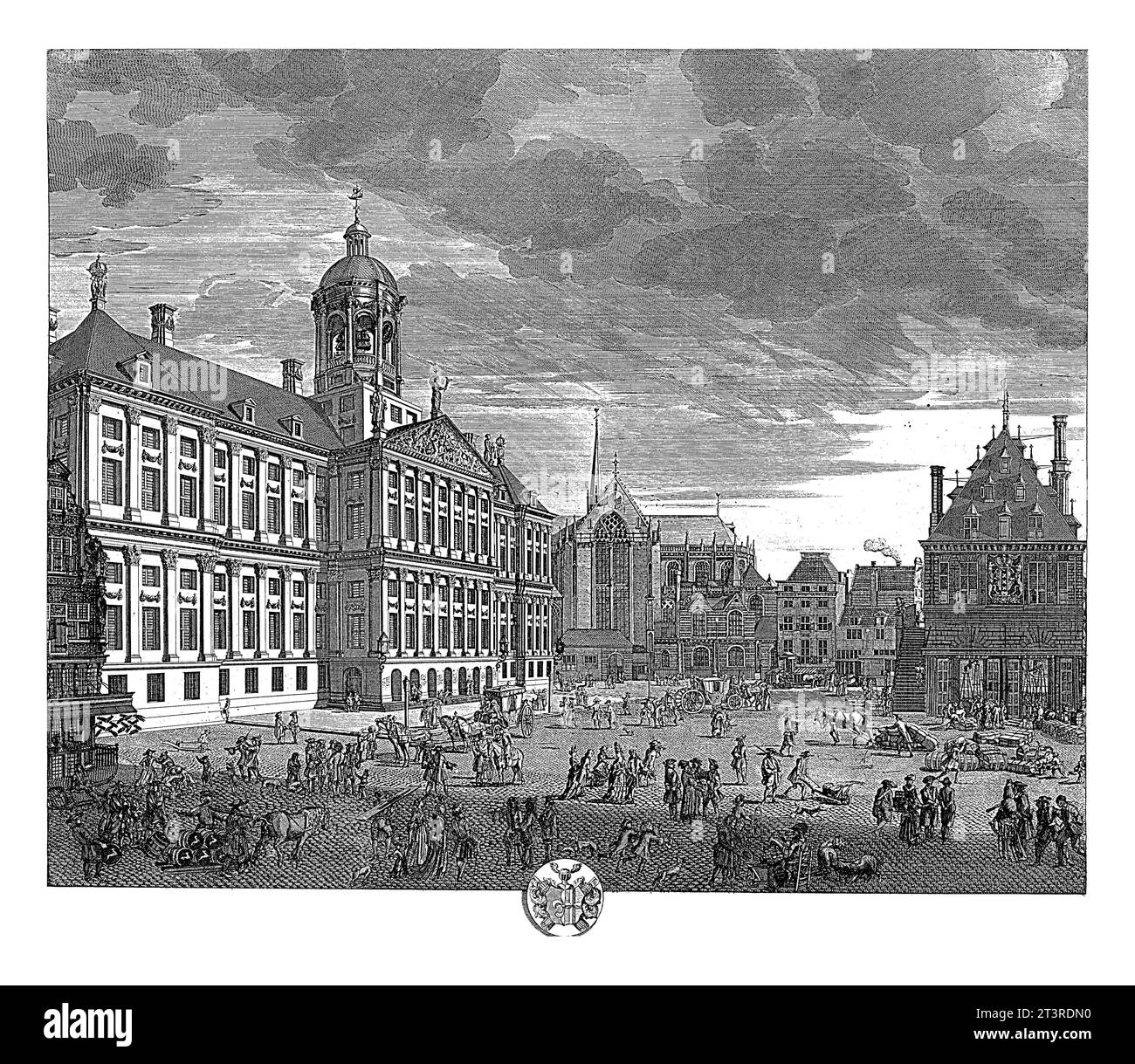 Blick auf das Rathaus auf dem Dam-Platz in Amsterdam, Pieter Schenk (I), 1675 - 1711 Blick auf das Rathaus auf dem Dam-Platz, die Waag und die Nieuwe Kerk in Stockfoto