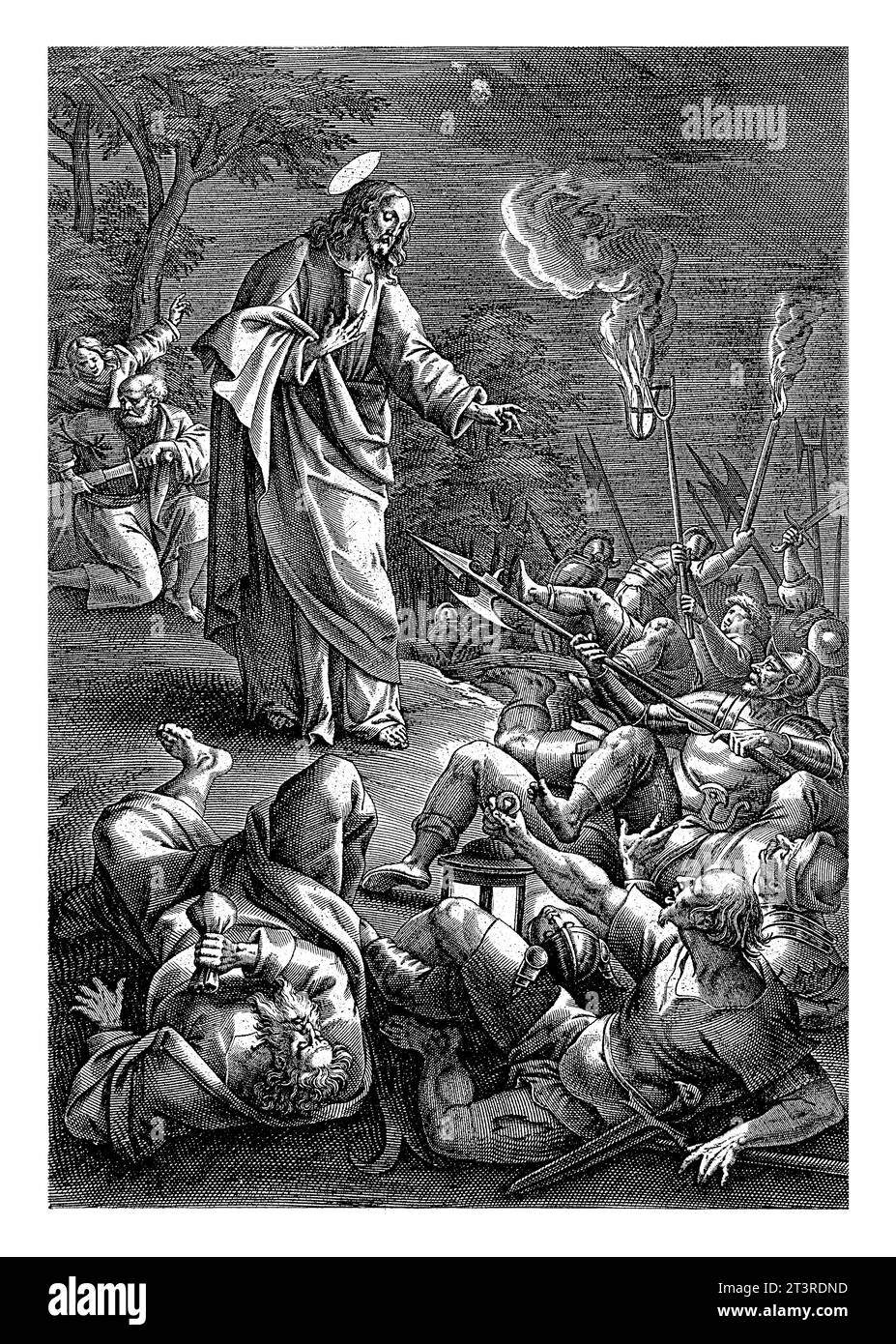 Soldaten, die Christus umzingeln, fallen zu Boden, Antonie Wierix (II), nach Maerten de Vos, 1583–1587 Christus macht sich im Garten geth bekannt Stockfoto