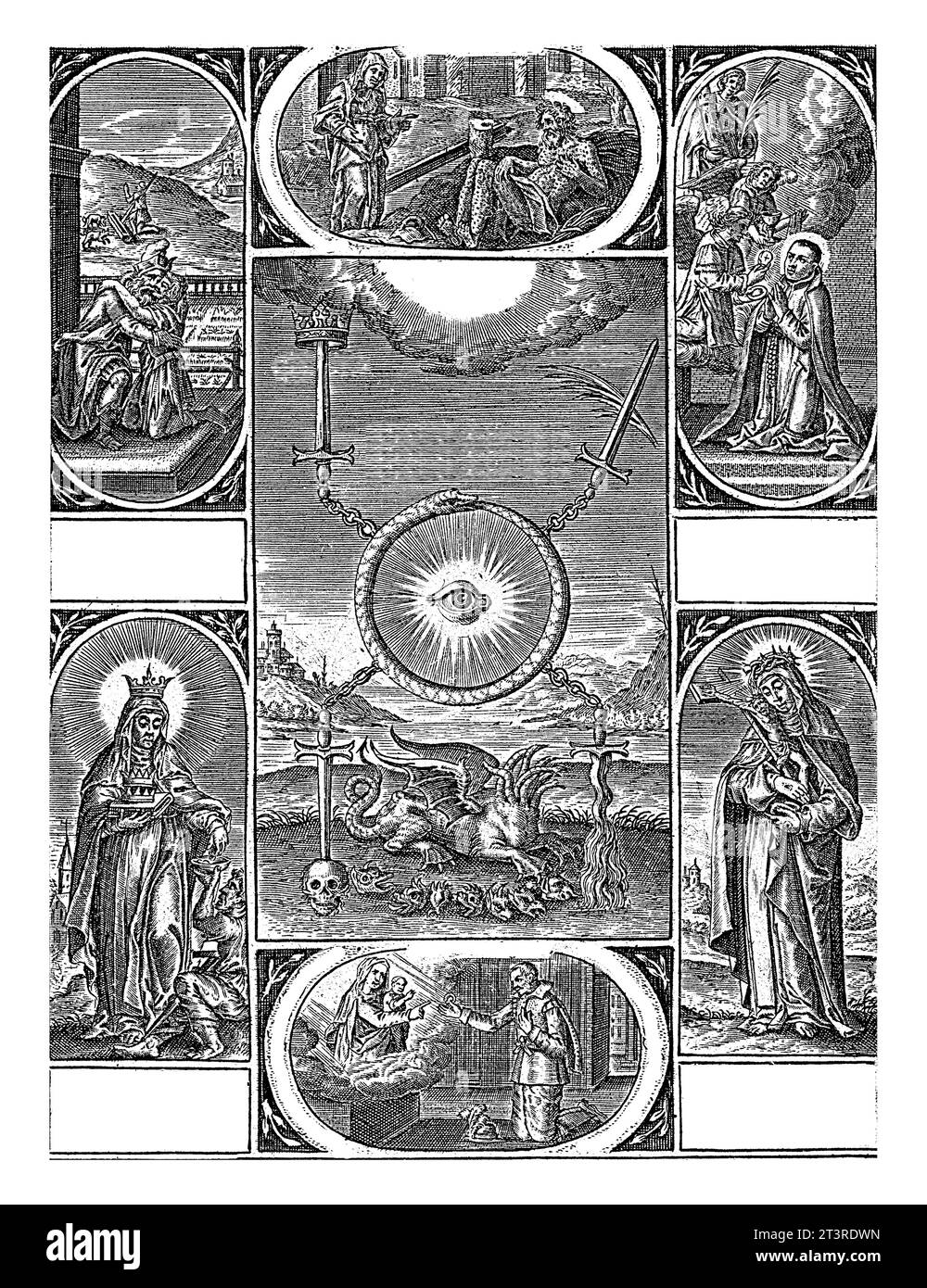 Hebdomas christiana, Michael Snijders, 1610–1672 Sieben kleine allegorische Darstellungen christlicher Tugenden, gruppiert um das Auge Gottes. Stockfoto