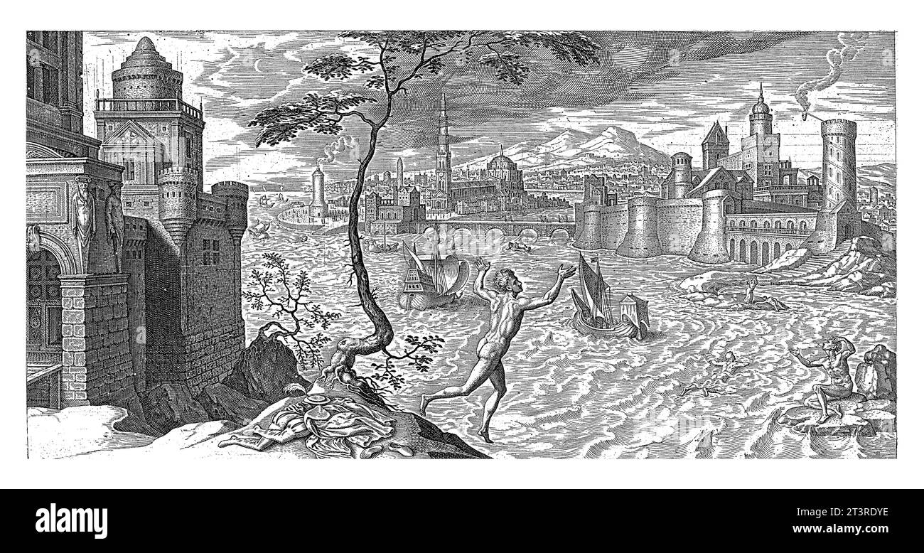 Hero und Leander, Philips Galle, nach Maarten van Heemskerck, 1569 im Hintergrund der Hellespont mit der Stadt Sestus. Leander hat Hallo abgelegt Stockfoto