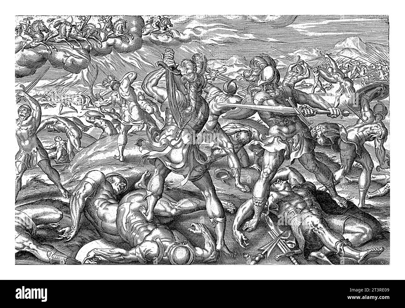 Timotheus Armee marschiert gegen Judäa und kämpft gegen die Juden. Am Himmel erscheinen fünf Reiter auf Pferden mit goldenen Zaum, die sich selbst stellen Stockfoto