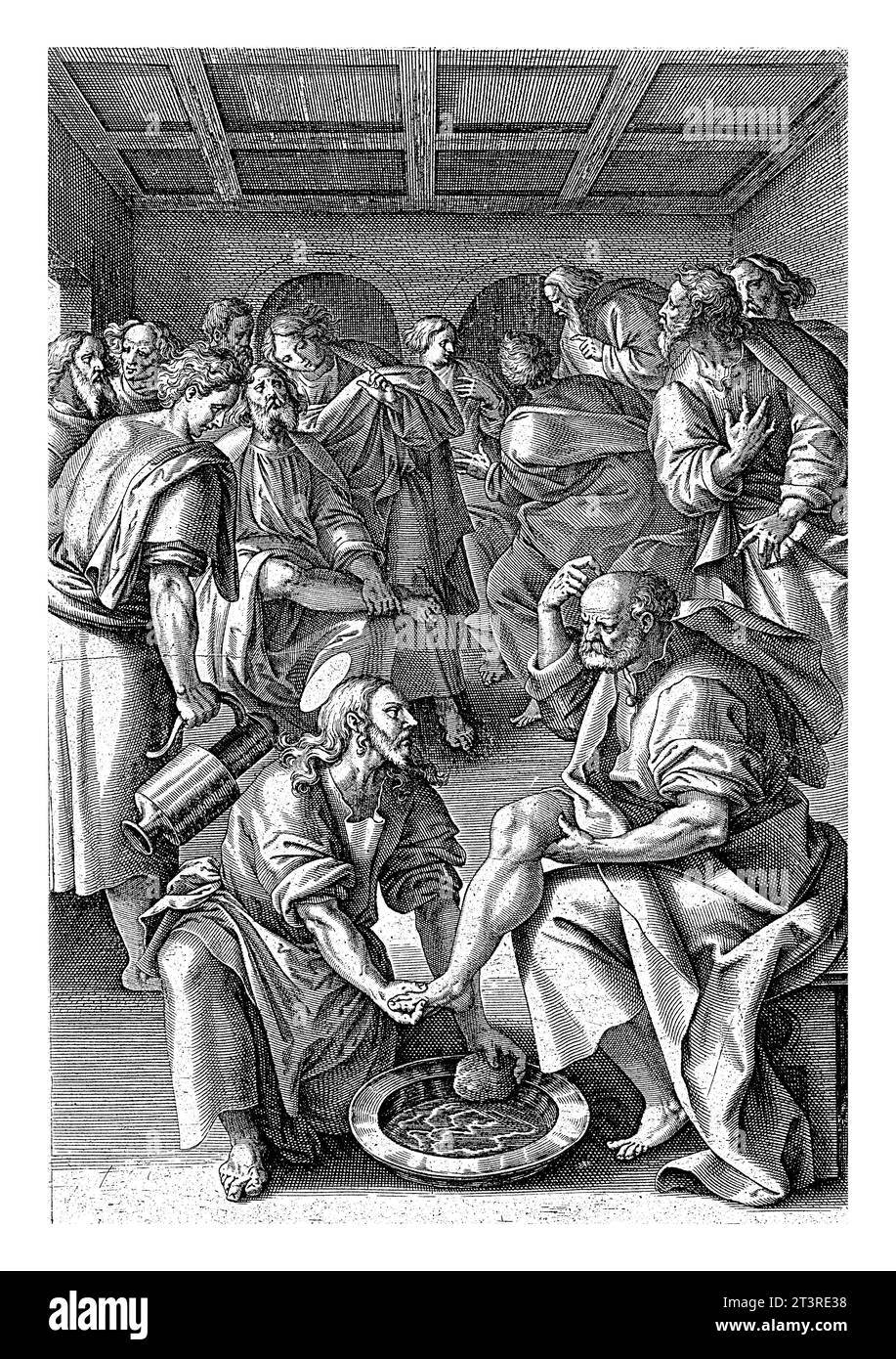 Fußwäsche von Petrus, Antonie Wierix (II), nach Maerten de Vos, 1583–1587 Christus kniet vor dem Apostel Petrus nieder und wäscht seine Füße. Peter protes Stockfoto