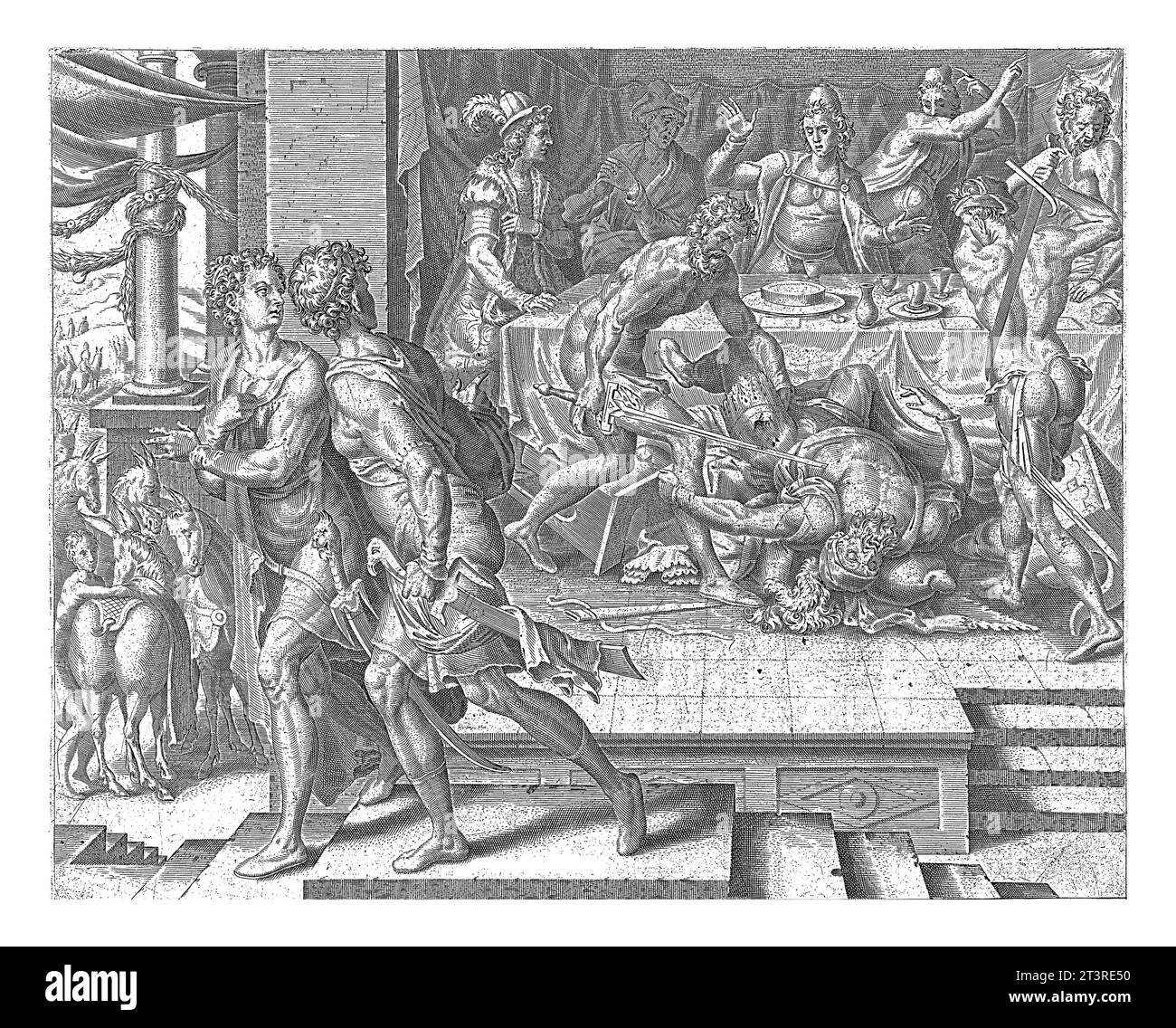 Absaloms Rache, Philips Galle, nach Maarten van Heemskerck, 1559 bei einem Abendessen für die Söhne des Königs, lässt Absalom seinen Halbbruder Amnon von h ermorden Stockfoto