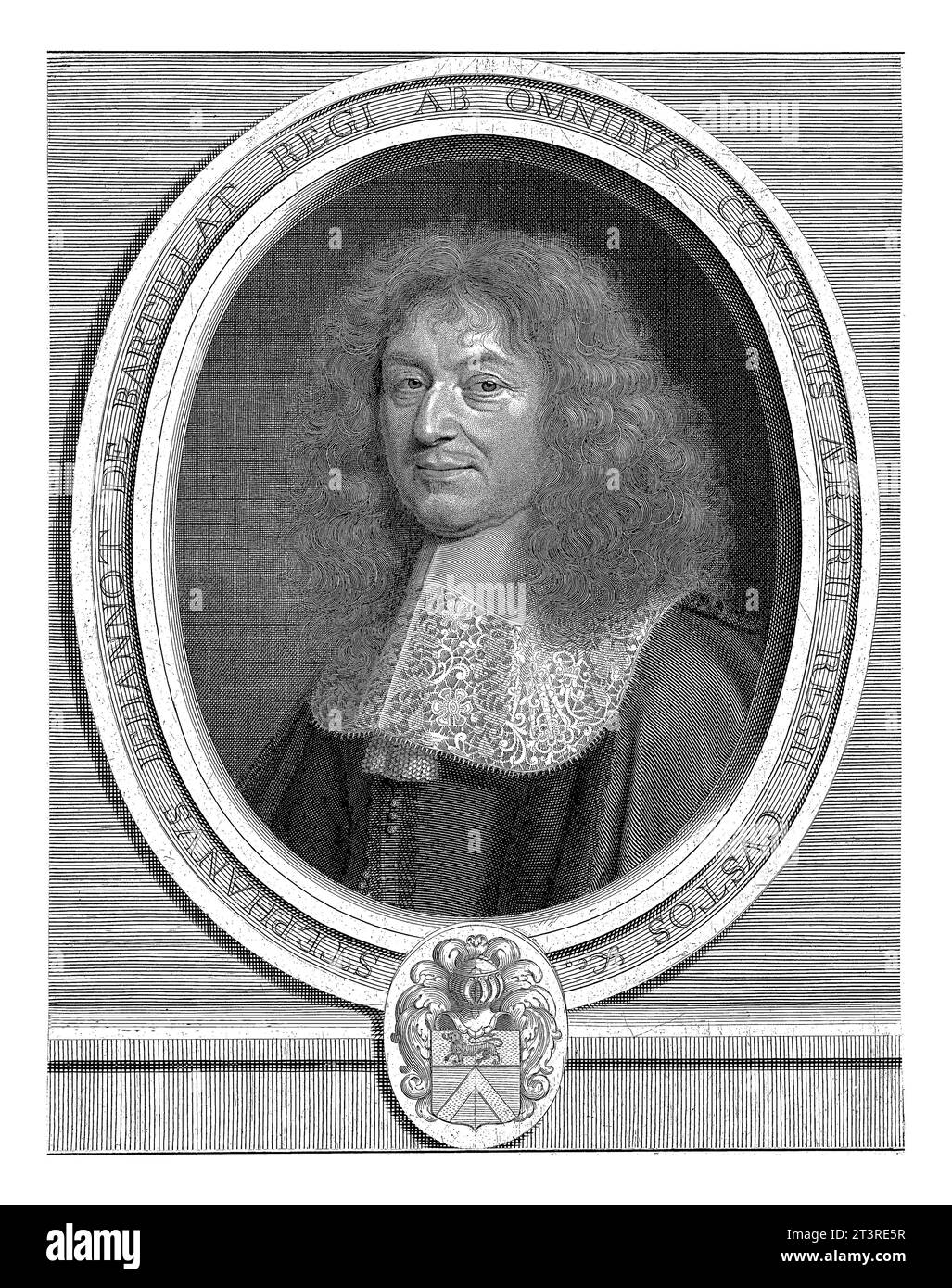 Porträt von Etienne Jehannot de Bartillat, Robert Nanteuil, 1666 Porträt von Etienne Jehannot de Bartillat, in einem ovalen Rahmen mit Text. Unten Stockfoto