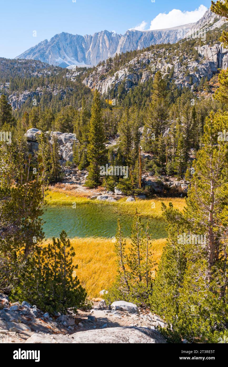 Wandern im Little Lakes Valley in den östlichen Sierra Nevada Mountains außerhalb von Bishop, Kalifornien. Bergseen, Herbstblattfarben, schneebedeckte Berge Stockfoto