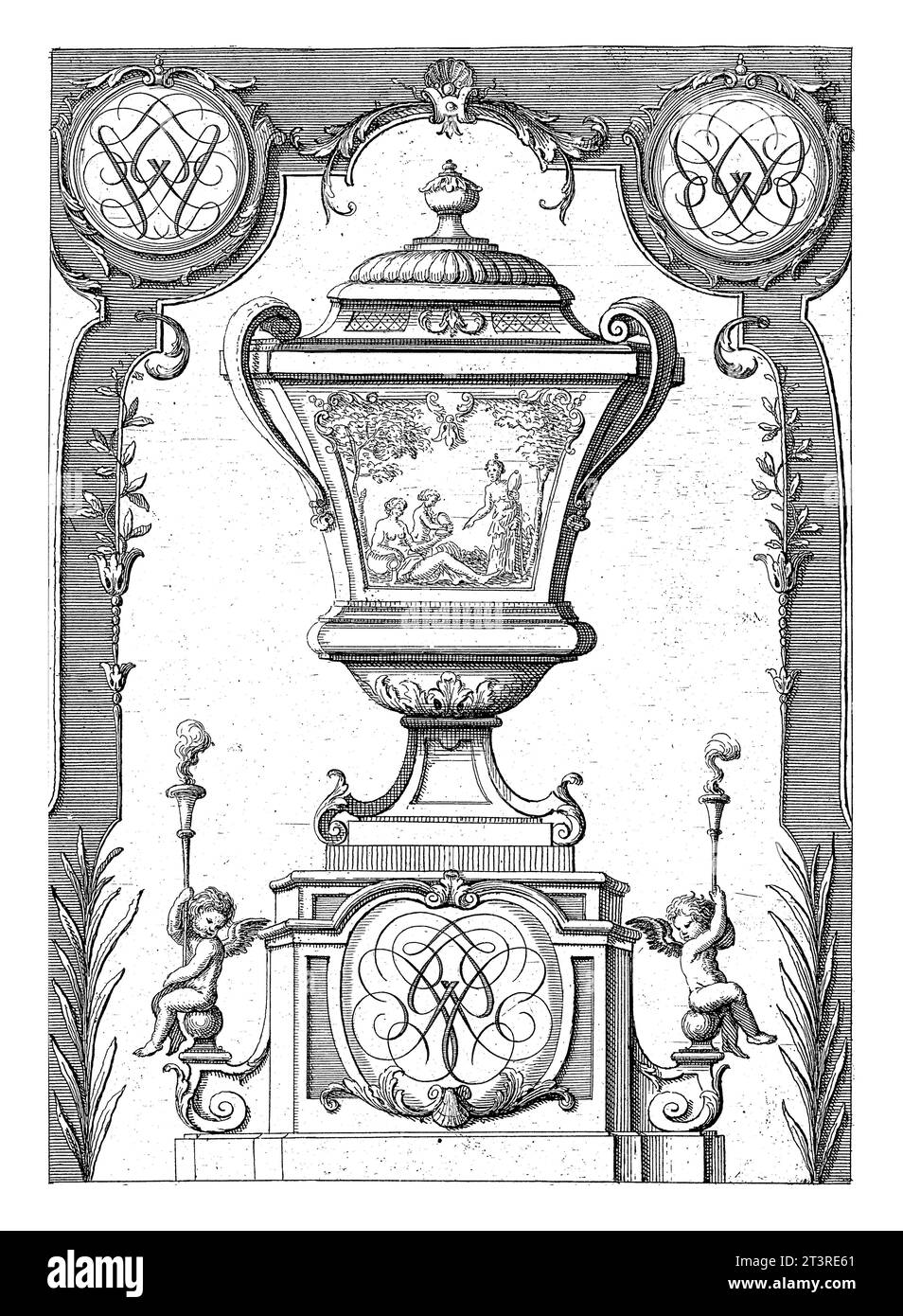 Gartenvase mit Monogramm auf der Basis, Gerrit Visscher, nach Jean Bernard Honore Turreau, 1690–1710 Stockfoto