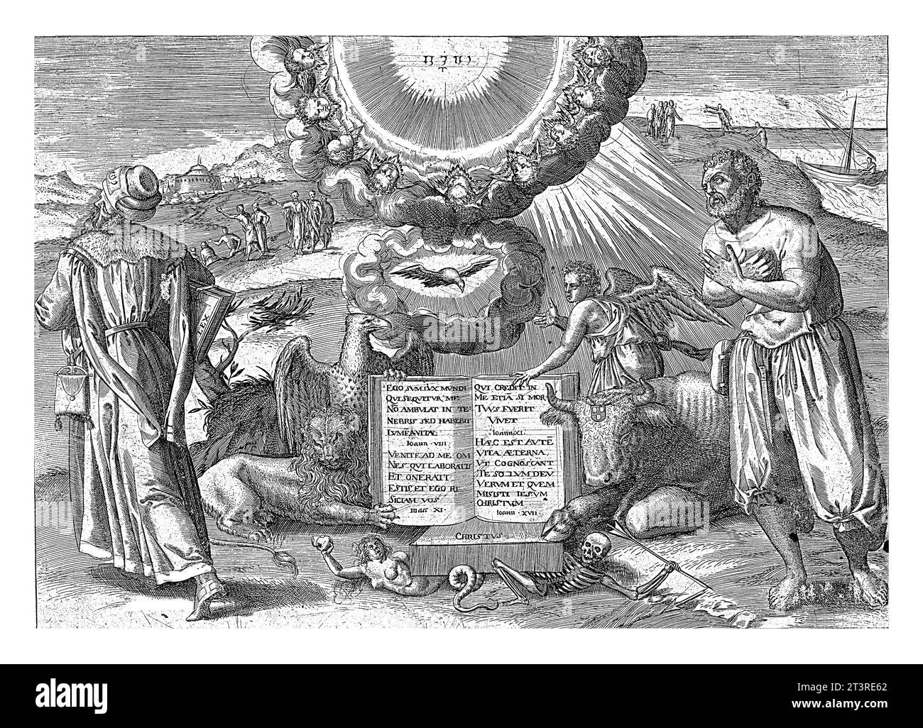 In der Mitte eine offene Bibel mit lateinischen Bibelzitieren auf einem Stein, der Christus markiert. Die teuflische Schlange des Sturzes und des Todes als Skelett sind Crushe Stockfoto