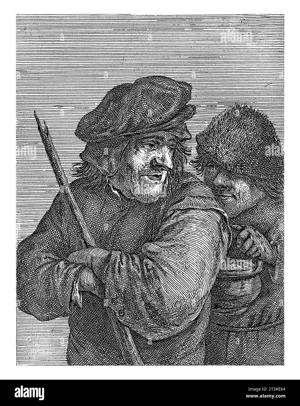 Zwei Bauern, Frans van den Wijngaerde, nach David Teniers (II), 1636–1679 zwei Bauern, einer mit einem Stock, der andere mit einem Kessel von den han Stockfoto