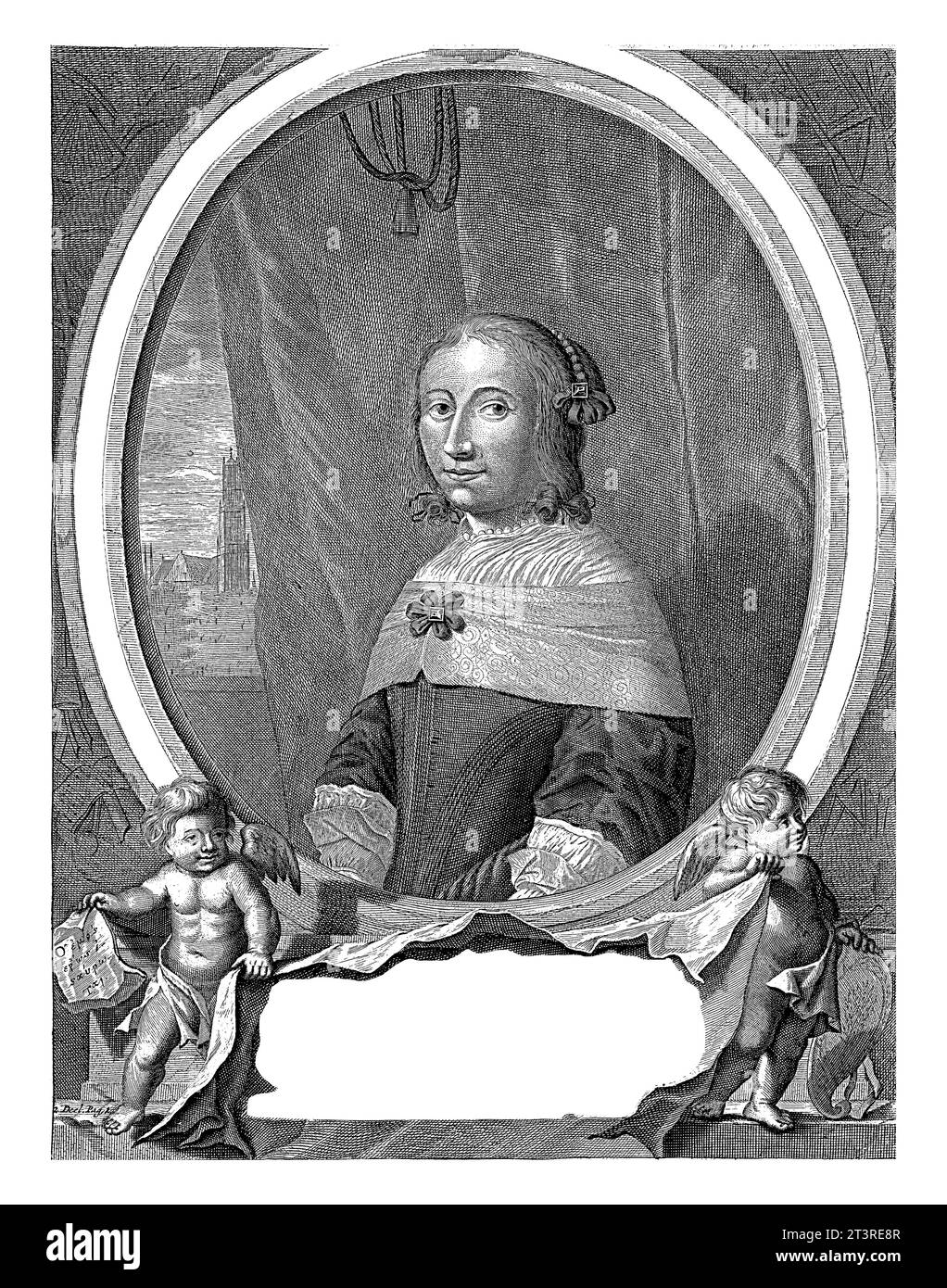 Porträtbüste in Oval links von Anna Maria van Schurman, Künstlerin und Dichterin, barköpfig. Links von der dargestellten Person befindet sich ein Blick auf den Dom Stockfoto