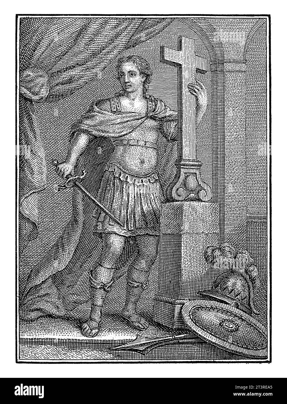 Saint Ferdinand, König von Kastilien, H. J. Göttin, 1757 - 1834 Saint Ferdinand steht neben einem Kreuz. In seiner rechten Hand ein Schwert. Hinter ihm ein Vorhang. Stockfoto